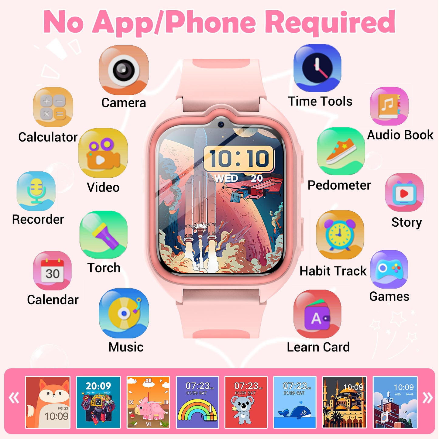 IOWODO Kids Smart Watch, 1.75" Touch Screen Watch with 32 Games, Camera, Music Player, Pedometer, Parental Controls, IP68 Waterproof, No App No Phone Needed,Pink