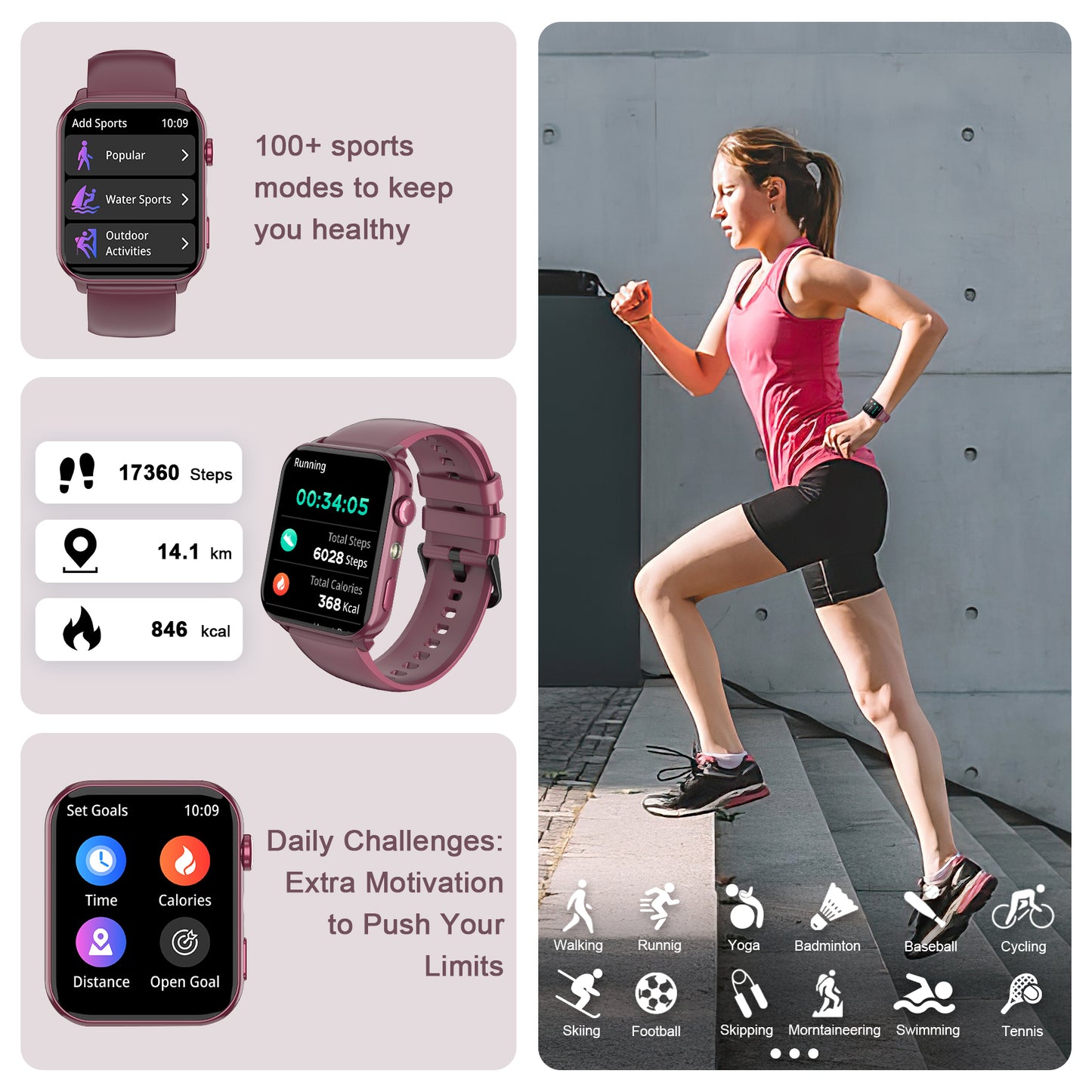 IOWODO R30MAX Unisex Smartwatch: 1.91" LED Screen, Bluetooth Calls, 100+ Sports Modes, IP68 Waterproof, 6-Day Battery, iOS/Android, Purple