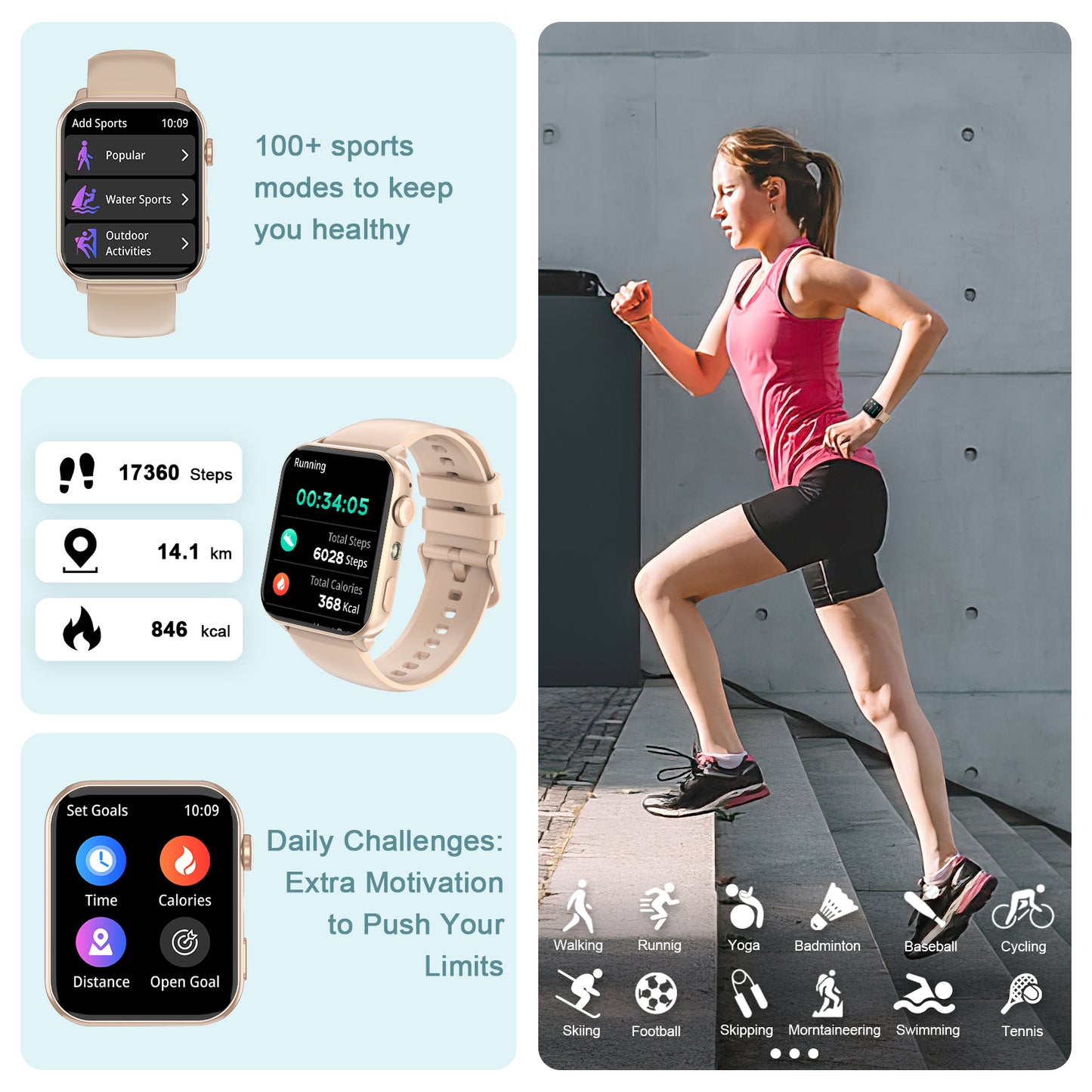 IOWODO R30MAX Unisex-Smartwatch: 1,91-Zoll-LED-Bildschirm, Bluetooth-Anrufe, über 100 Sportmodi, IP68 wasserdicht, 6-Tage-Akku, iOS/Android, Pink