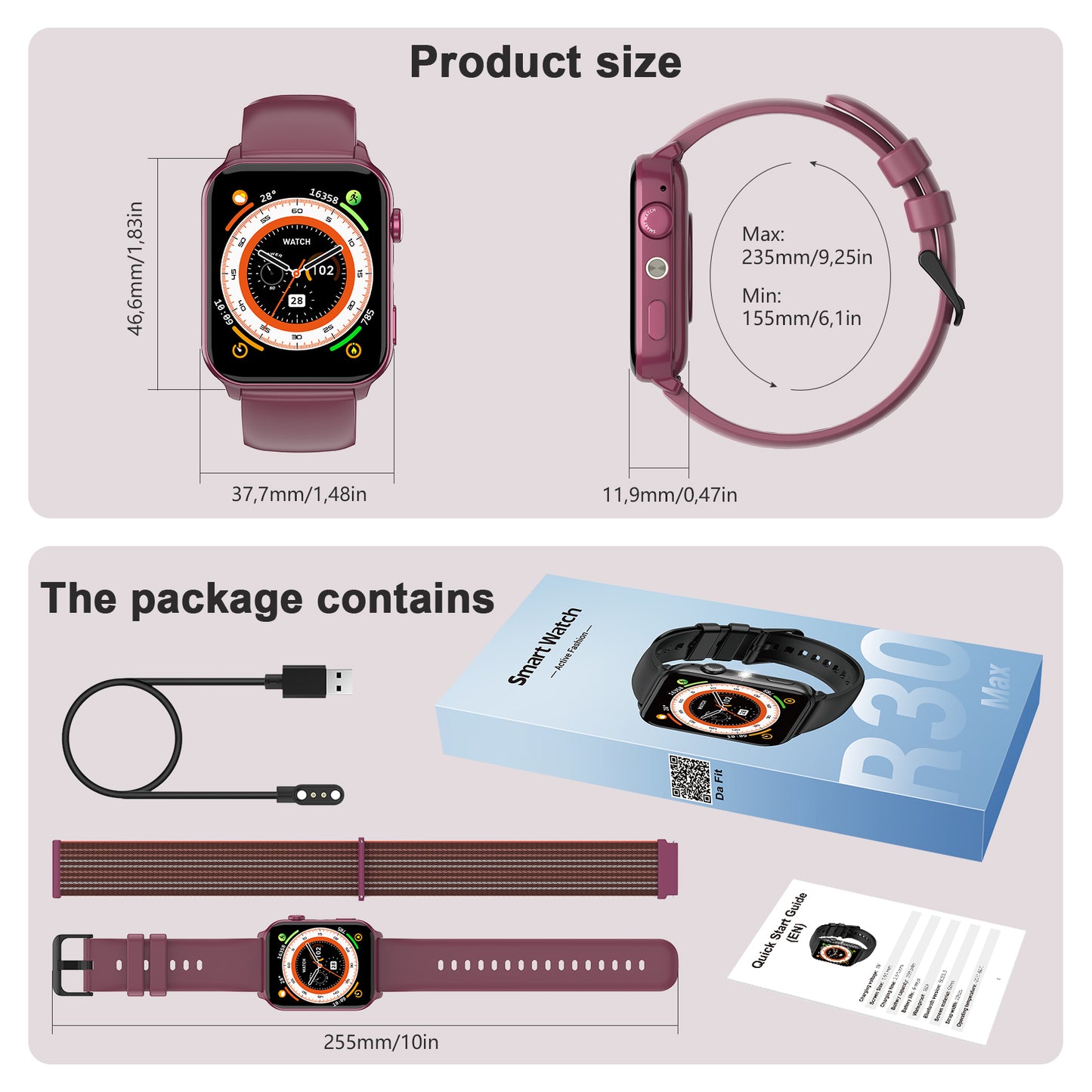 IOWODO R30MAX Unisex Smartwatch: 1.91" LED Screen, Bluetooth Calls, 100+ Sports Modes, IP68 Waterproof, 6-Day Battery, iOS/Android, Purple