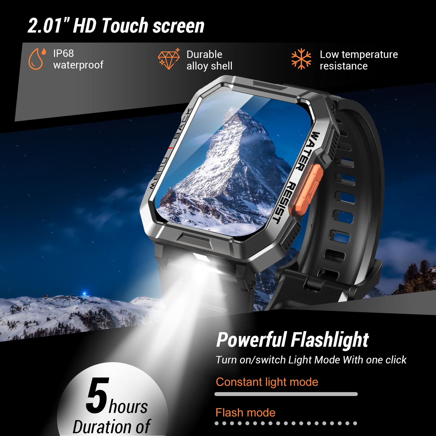 IOWODO W60 Military Smartwatch: 2.01" Big Screen, 100-Day Battery, Bluetooth Calls, Flashlight/Compass, 100+ Sports Modes, IP68 (2 Straps),Black