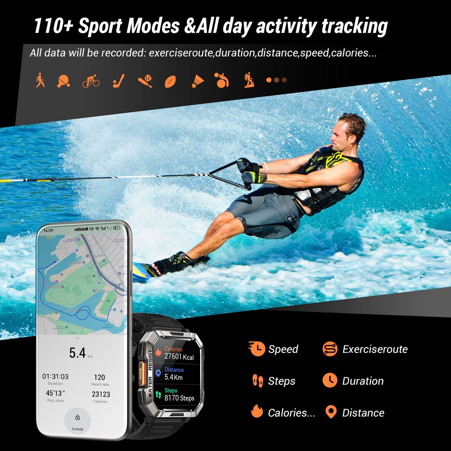 IOWODO W60 Military Smartwatch: 2.01" Big Screen, 100-Day Battery, Bluetooth Calls, Flashlight/Compass, 100+ Sports Modes, IP68 (2 Straps),Black