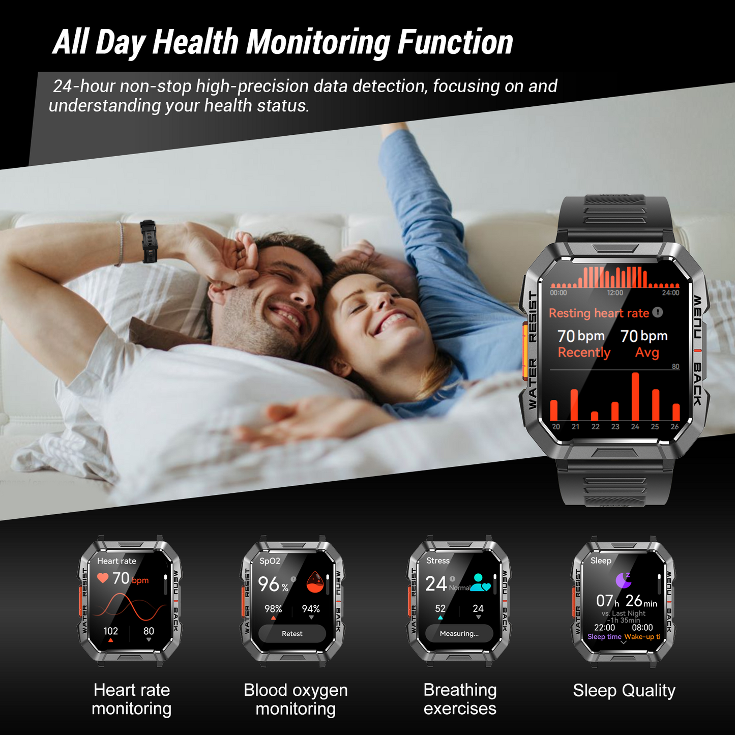 IOWODO W60 Military Smartwatch: 2.01" Big Screen, 100-Day Battery, Bluetooth Calls, Flashlight/Compass, 100+ Sports Modes, IP68 (2 Straps),Black