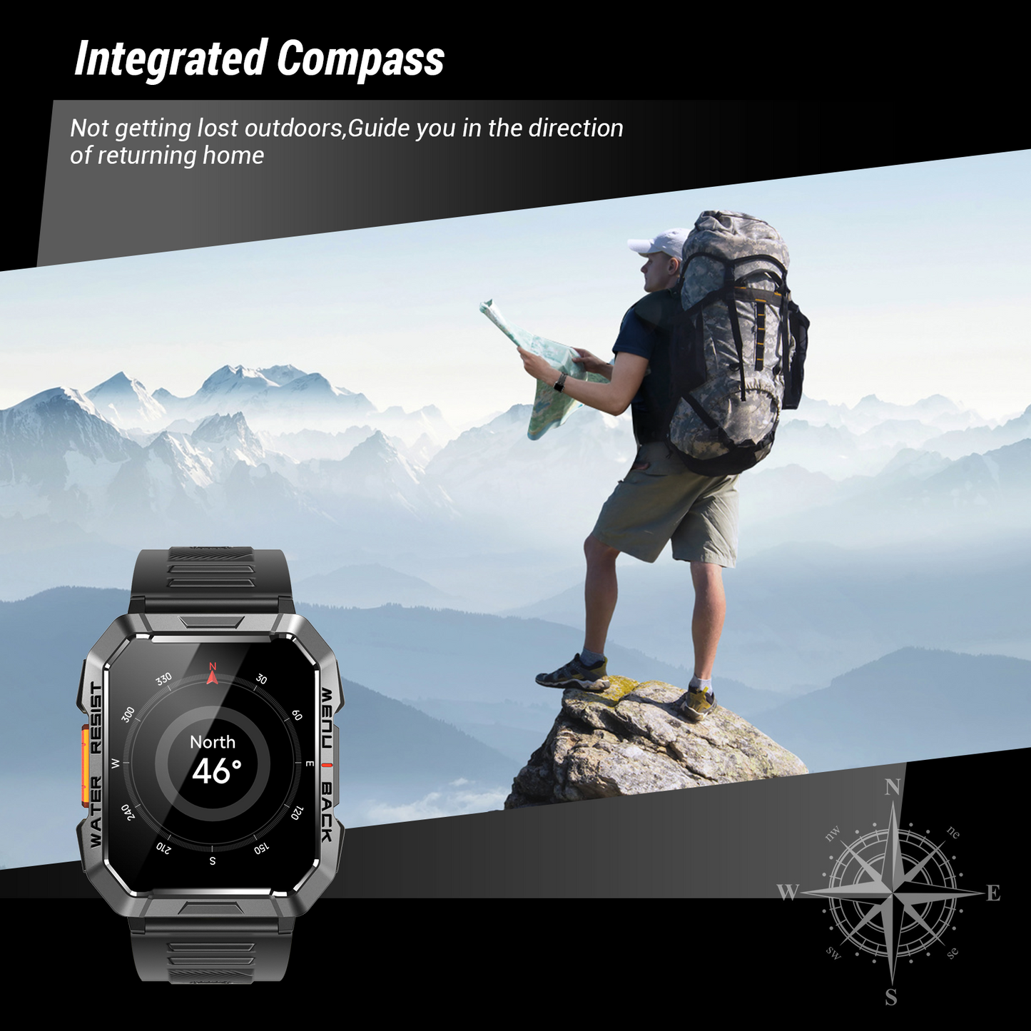IOWODO W60 Military Smartwatch: 2.01" Big Screen, 100-Day Battery, Bluetooth Calls, Flashlight/Compass, 100+ Sports Modes, IP68 (2 Straps),Black