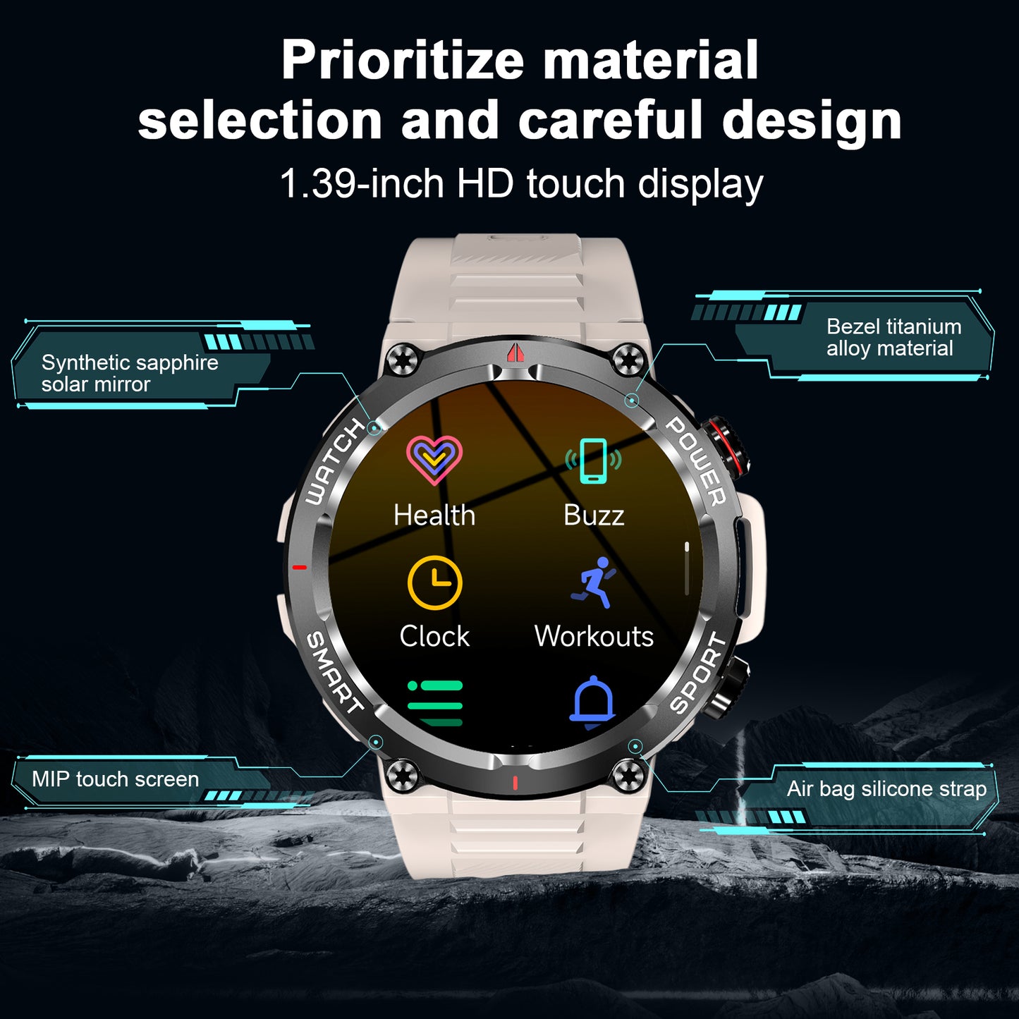 IOWODO W50 Military Smartwatch: Bluetooth Calls, 1.39" HD Screen, 100+ Sports Modes, Heart Rate/SpO2/Sleep Monitor, 7-Day Battery, IP68 (2 Straps),Khaki