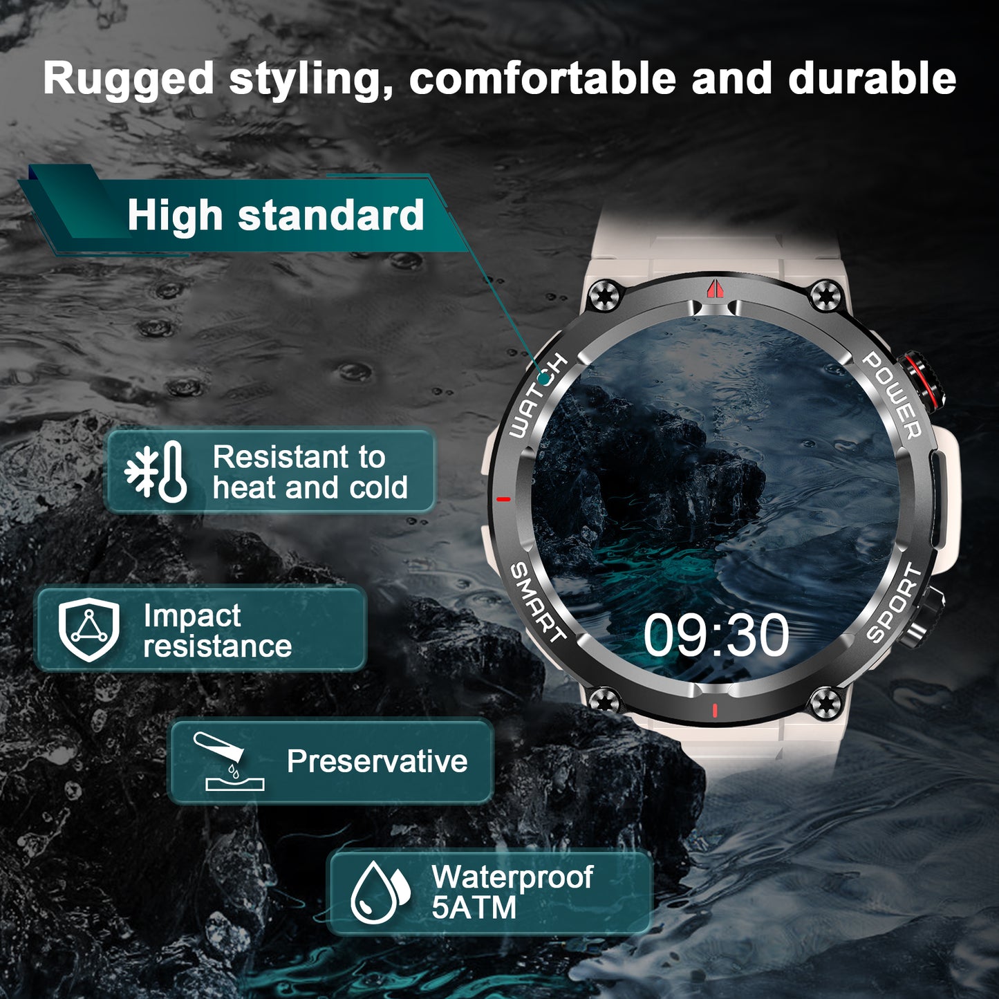 IOWODO W50 Military Smartwatch: Bluetooth Calls, 1.39" HD Screen, 100+ Sports Modes, Heart Rate/SpO2/Sleep Monitor, 7-Day Battery, IP68 (2 Straps),Khaki
