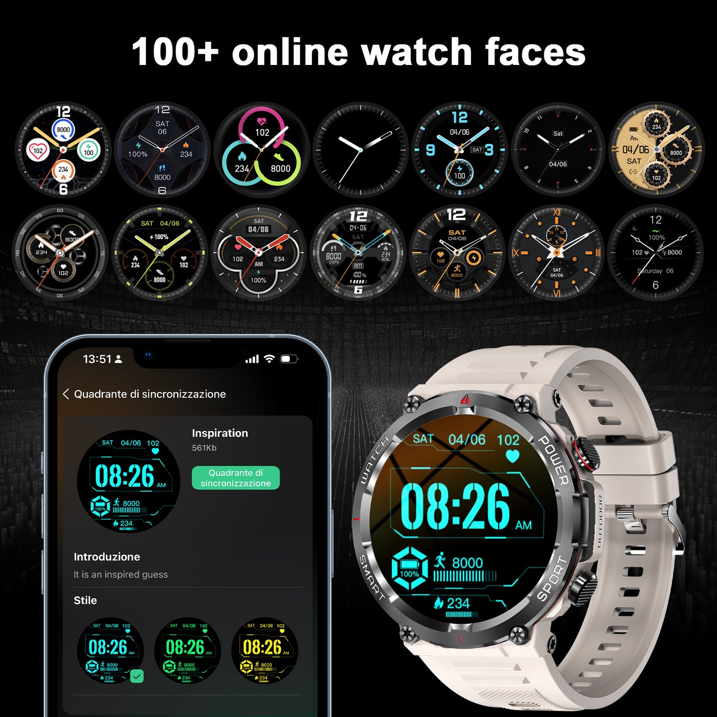 IOWODO W50 Military Smartwatch: Bluetooth Calls, 1.39" HD Screen, 100+ Sports Modes, Heart Rate/SpO2/Sleep Monitor, 7-Day Battery, IP68 (2 Straps),Khaki