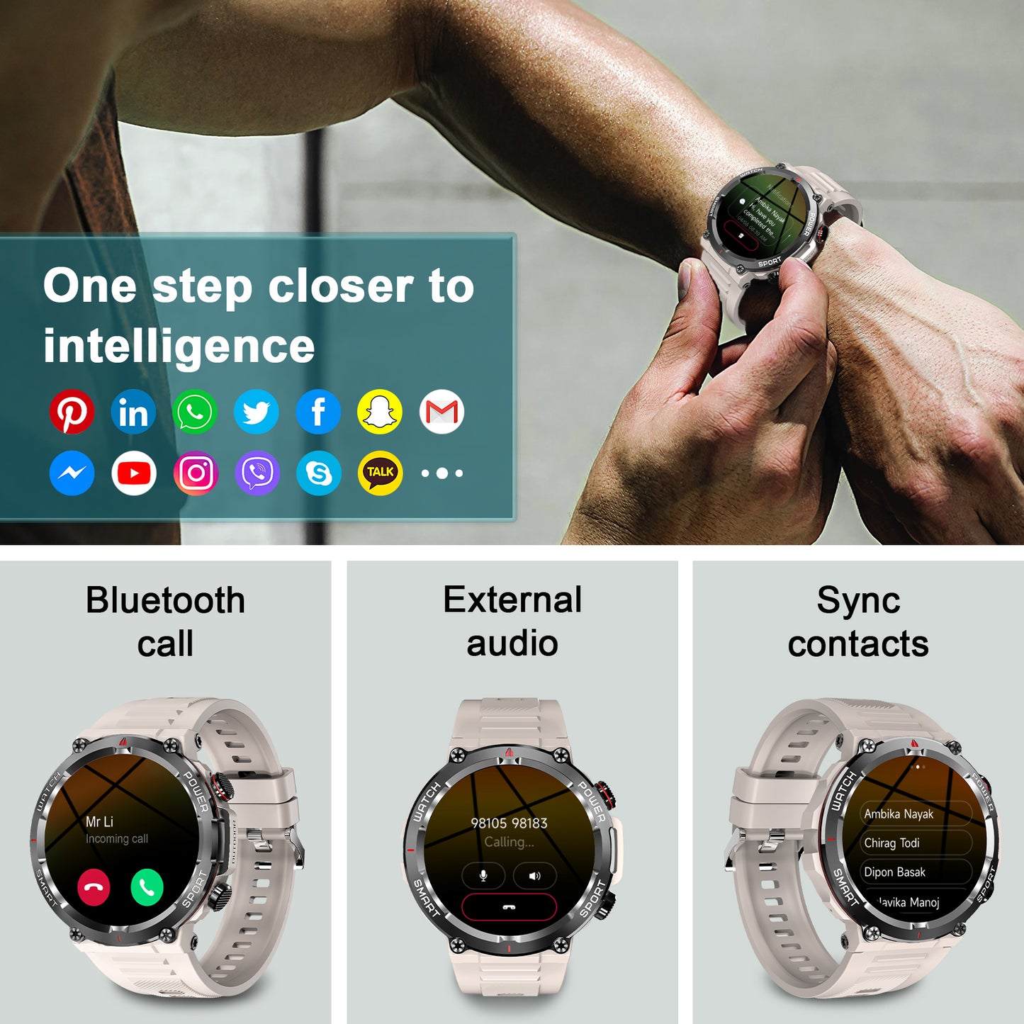IOWODO W50 Military Smartwatch: Bluetooth Calls, 1.39" HD Screen, 100+ Sports Modes, Heart Rate/SpO2/Sleep Monitor, 7-Day Battery, IP68 (2 Straps),Khaki