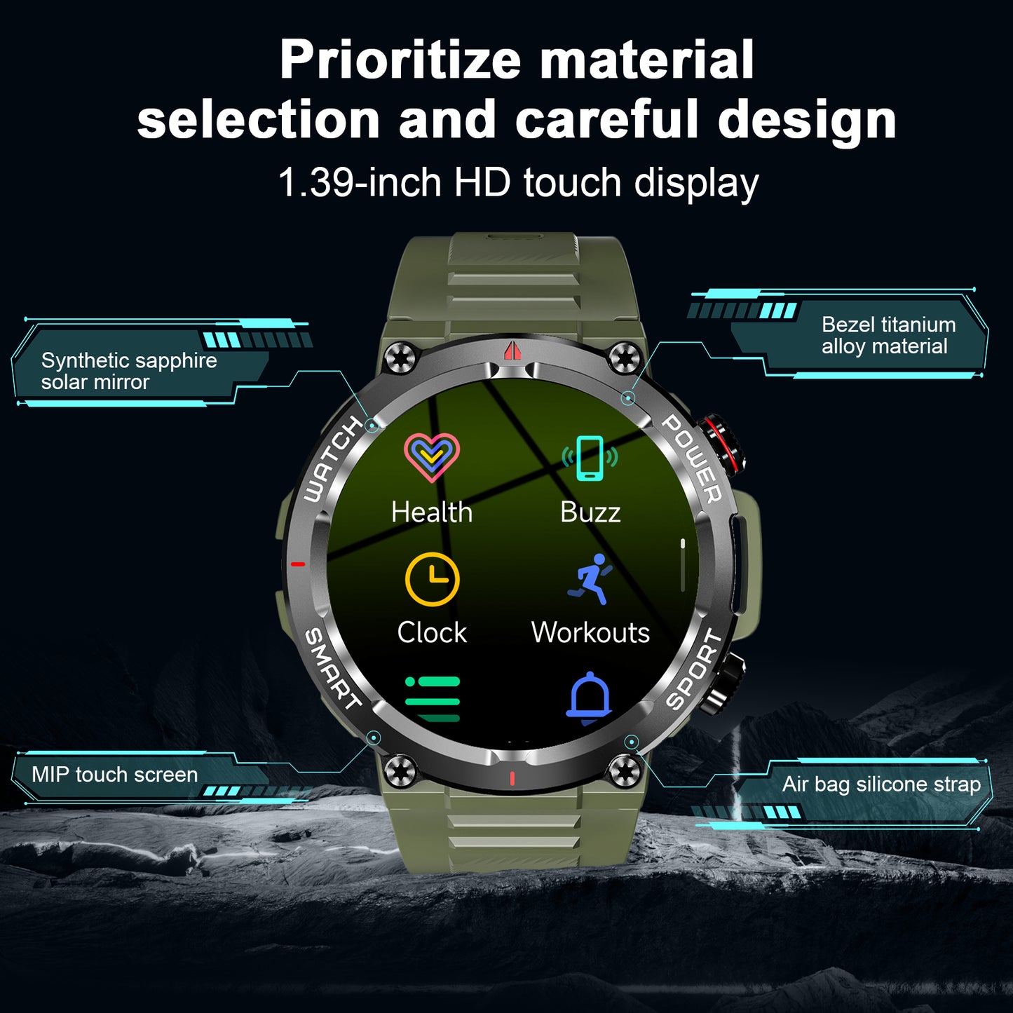IOWODO W50 Military Smartwatch: Bluetooth Calls, 1.39" HD Screen, 100+ Sports Modes, Heart Rate/SpO2/Sleep Monitor, 7-Day Battery, IP68 (2 Straps),Green