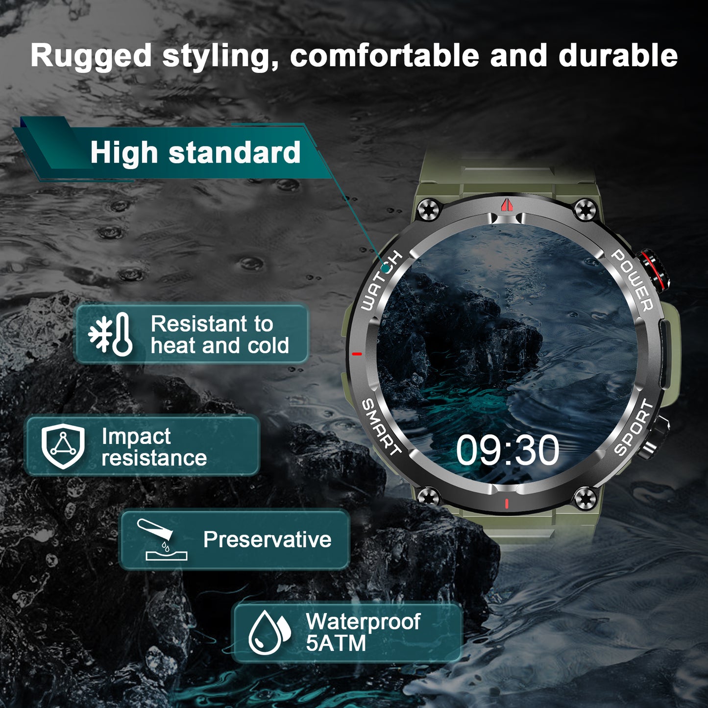 IOWODO W50 Military Smartwatch: Bluetooth Calls, 1.39" HD Screen, 100+ Sports Modes, Heart Rate/SpO2/Sleep Monitor, 7-Day Battery, IP68 (2 Straps),Green