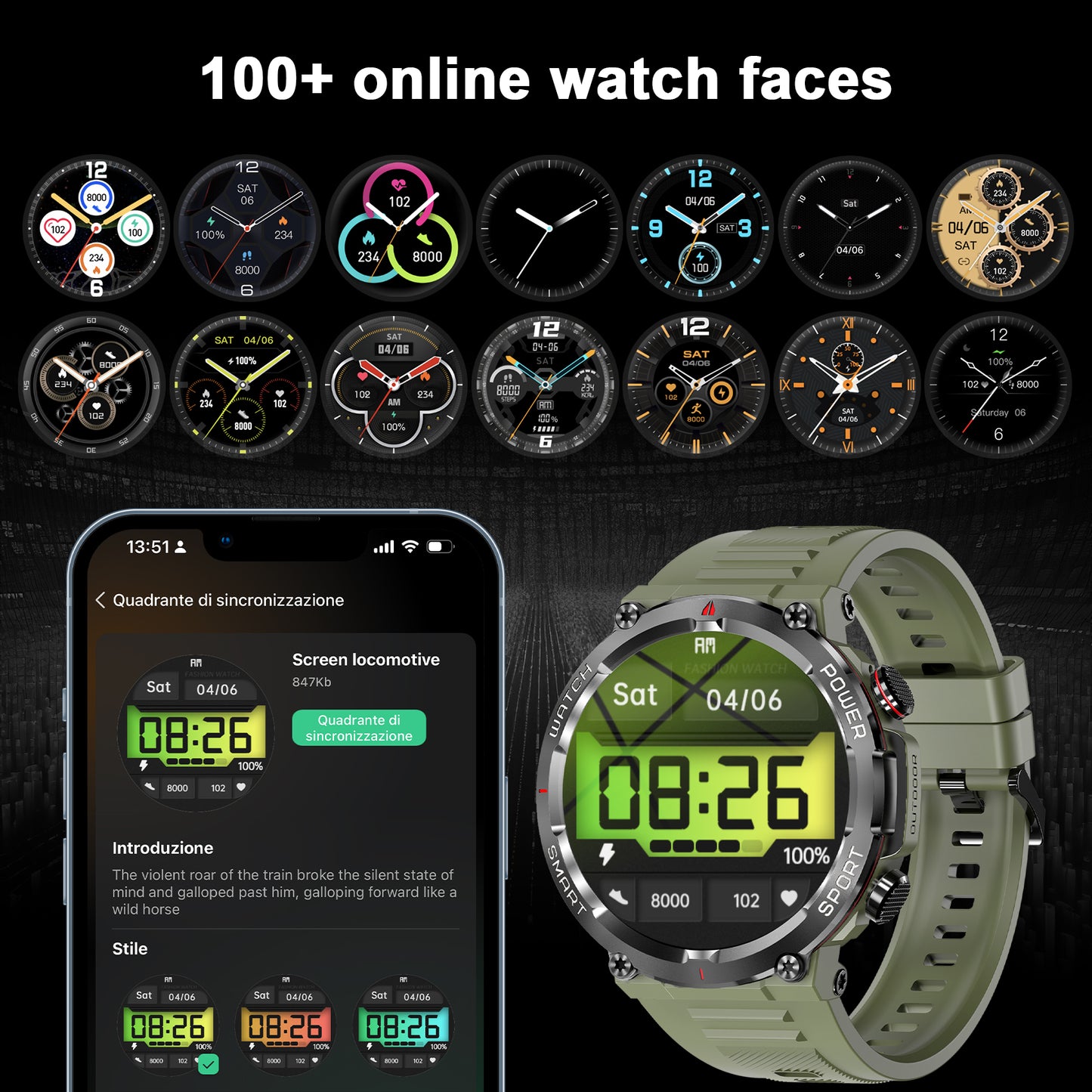 IOWODO W50 Military Smartwatch: Bluetooth Calls, 1.39" HD Screen, 100+ Sports Modes, Heart Rate/SpO2/Sleep Monitor, 7-Day Battery, IP68 (2 Straps),Green