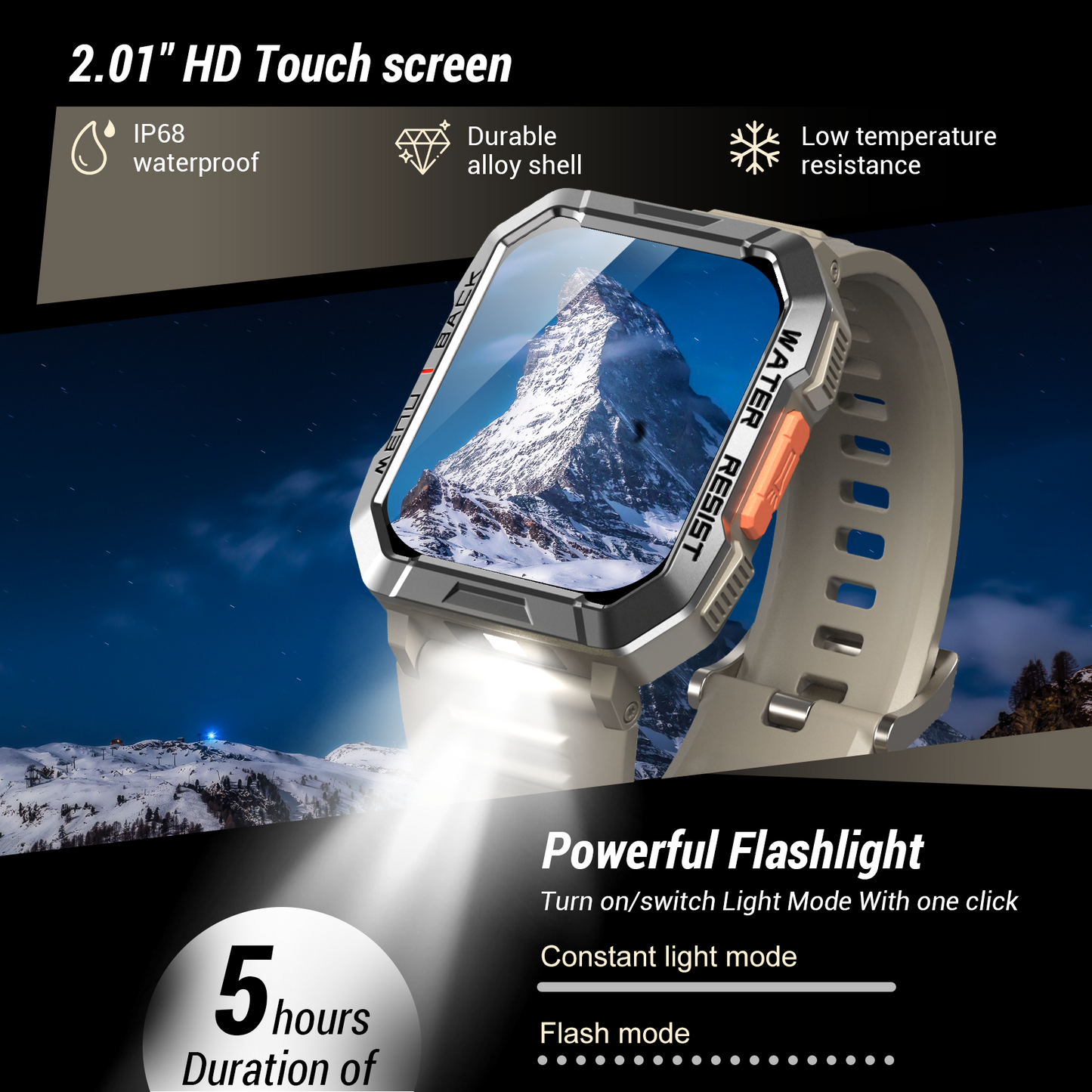 IOWODO W60 Militär-Smartwatch: 2,01 Zoll großer Bildschirm, 100-Tage-Akku, Bluetooth-Anrufe, Taschenlampe/Kompass, über 100 Sportmodi, IP68 (2 Armbänder), Khaki