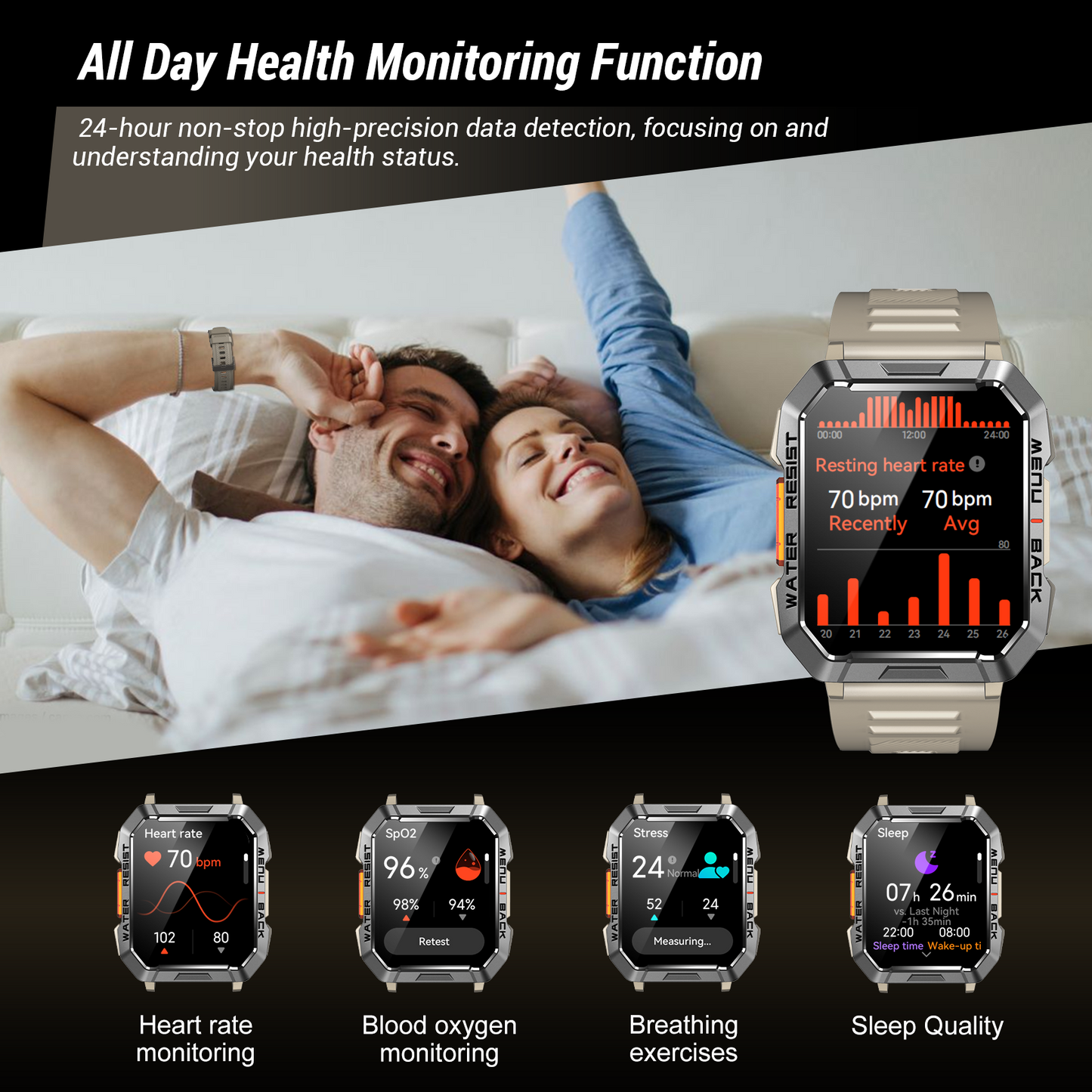 IOWODO W60 Militär-Smartwatch: 2,01 Zoll großer Bildschirm, 100-Tage-Akku, Bluetooth-Anrufe, Taschenlampe/Kompass, über 100 Sportmodi, IP68 (2 Armbänder), Khaki
