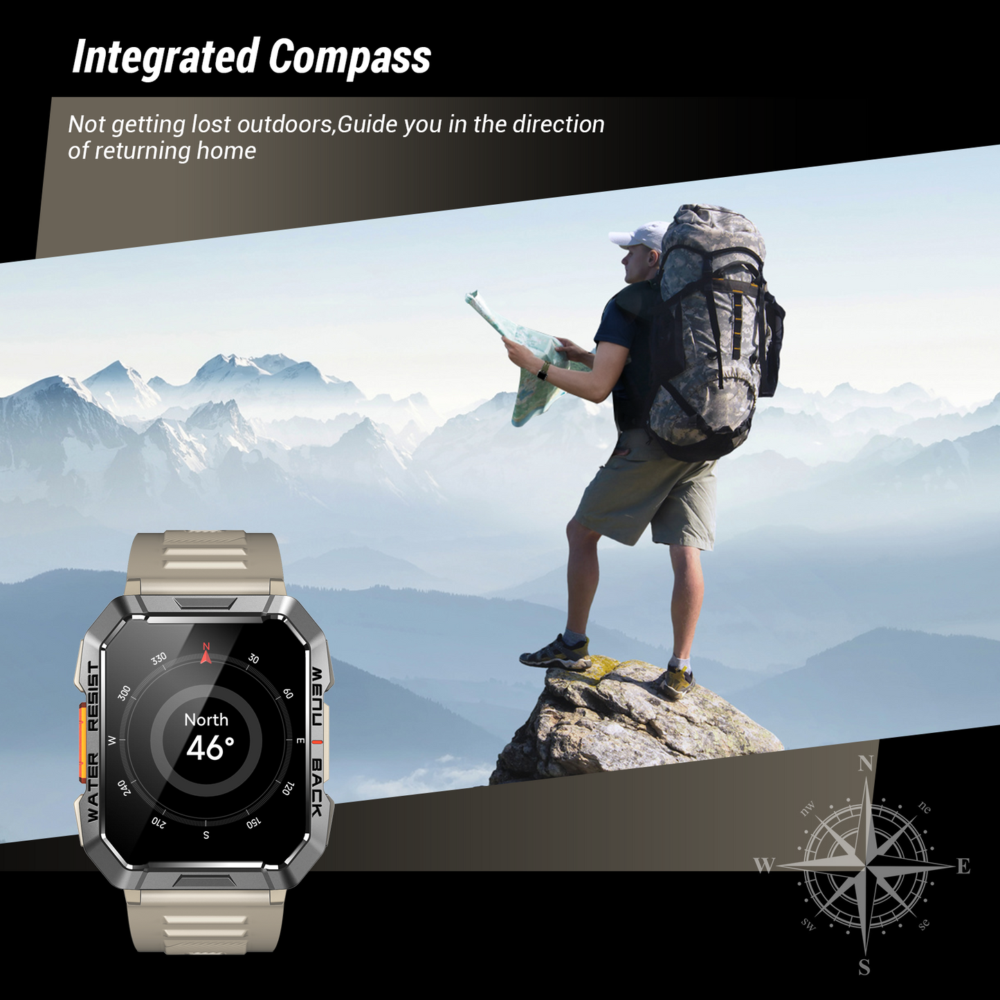 IOWODO W60 Militär-Smartwatch: 2,01 Zoll großer Bildschirm, 100-Tage-Akku, Bluetooth-Anrufe, Taschenlampe/Kompass, über 100 Sportmodi, IP68 (2 Armbänder), Khaki