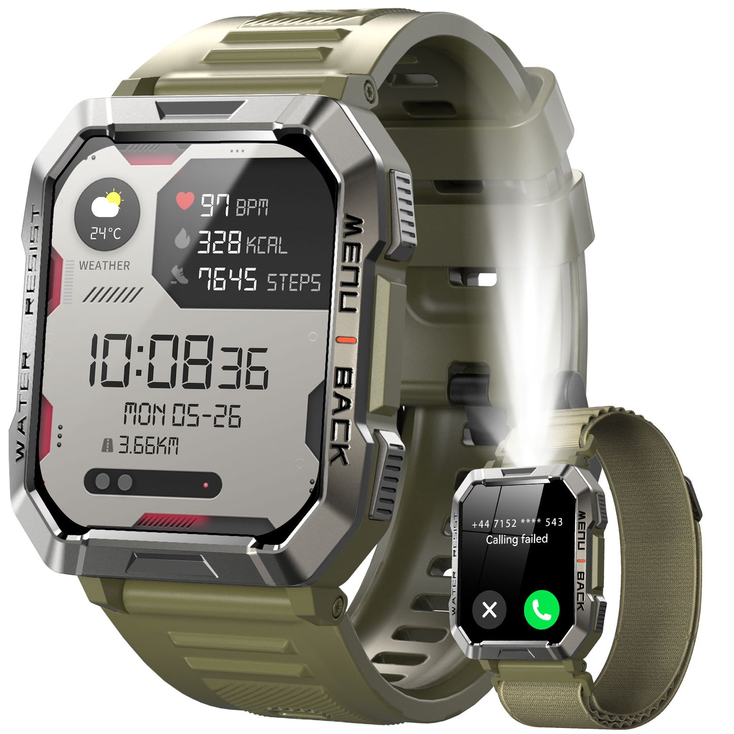 IOWODO W60 Militär-Smartwatch: 2,01 Zoll großer Bildschirm, 100-Tage-Akku, Bluetooth-Anrufe, Taschenlampe/Kompass, über 100 Sportmodi, IP68 (2 Armbänder), Grün