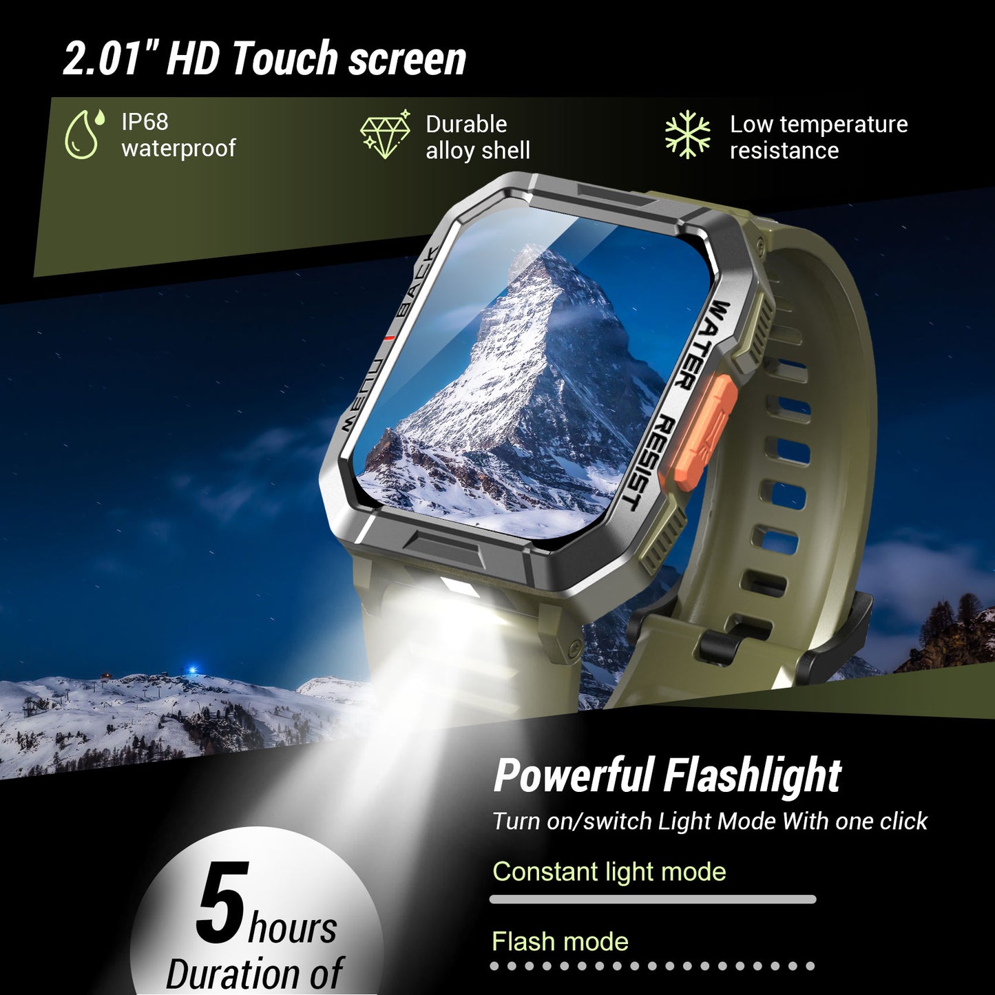 IOWODO W60 Militär-Smartwatch: 2,01 Zoll großer Bildschirm, 100-Tage-Akku, Bluetooth-Anrufe, Taschenlampe/Kompass, über 100 Sportmodi, IP68 (2 Armbänder), Grün