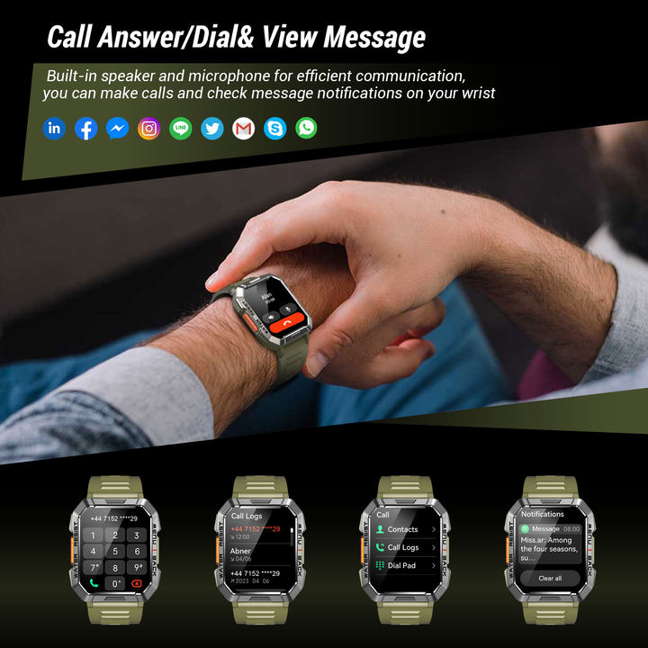 IOWODO W60 Militär-Smartwatch: 2,01 Zoll großer Bildschirm, 100-Tage-Akku, Bluetooth-Anrufe, Taschenlampe/Kompass, über 100 Sportmodi, IP68 (2 Armbänder), Grün