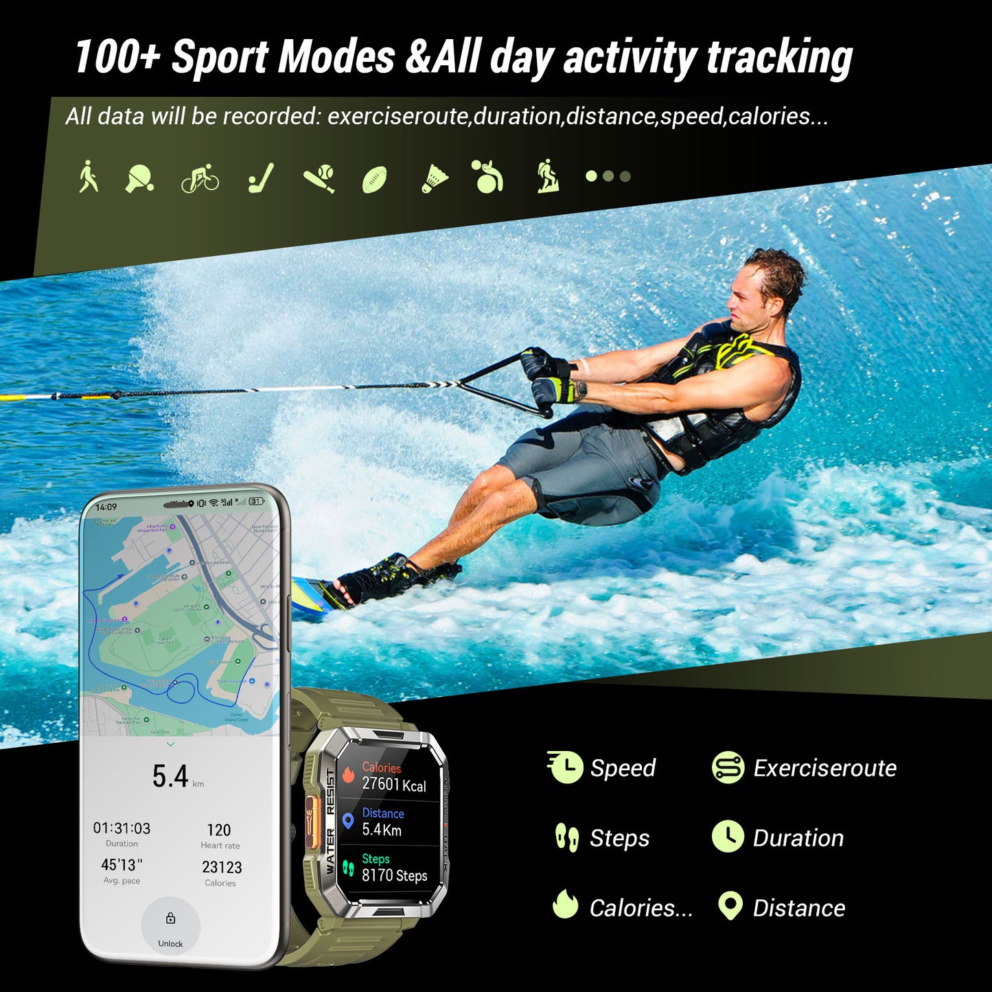IOWODO W60 Militär-Smartwatch: 2,01 Zoll großer Bildschirm, 100-Tage-Akku, Bluetooth-Anrufe, Taschenlampe/Kompass, über 100 Sportmodi, IP68 (2 Armbänder), Grün