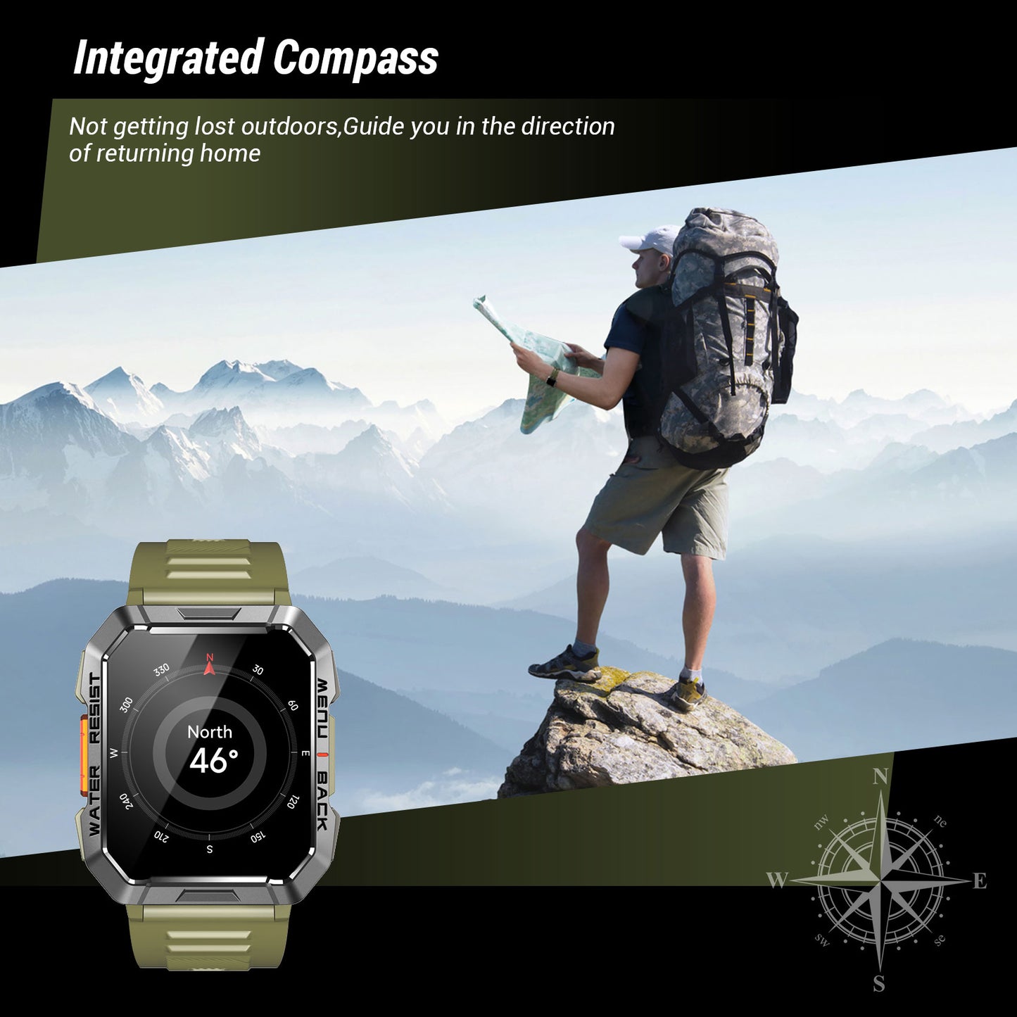 IOWODO W60 Militär-Smartwatch: 2,01 Zoll großer Bildschirm, 100-Tage-Akku, Bluetooth-Anrufe, Taschenlampe/Kompass, über 100 Sportmodi, IP68 (2 Armbänder), Grün