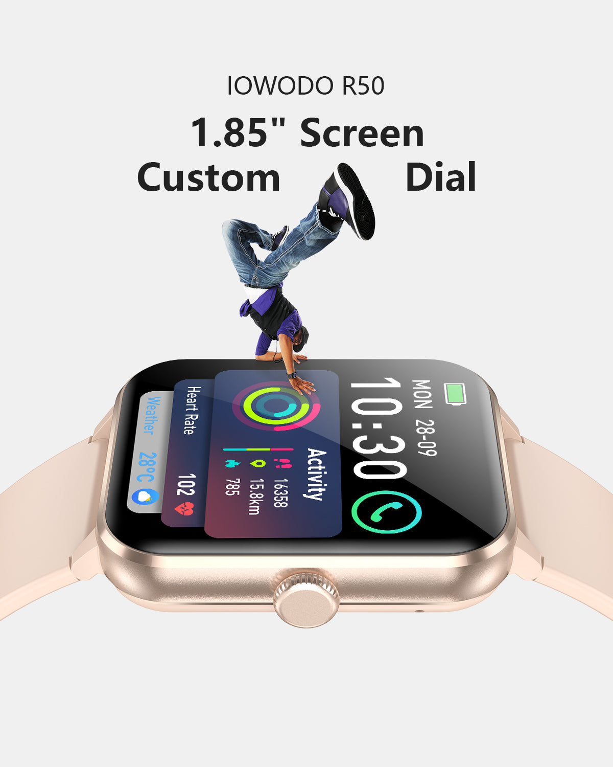 IOWODO R50Pro Smartwatch: 1,85 Zoll HD-Touchscreen, Bluetooth-Anrufe, über 100 Sportmodi, Herzfrequenz-/SpO2-/Schlafüberwachung, IP68 wasserdicht, 5-Tage-Akku, Pink
