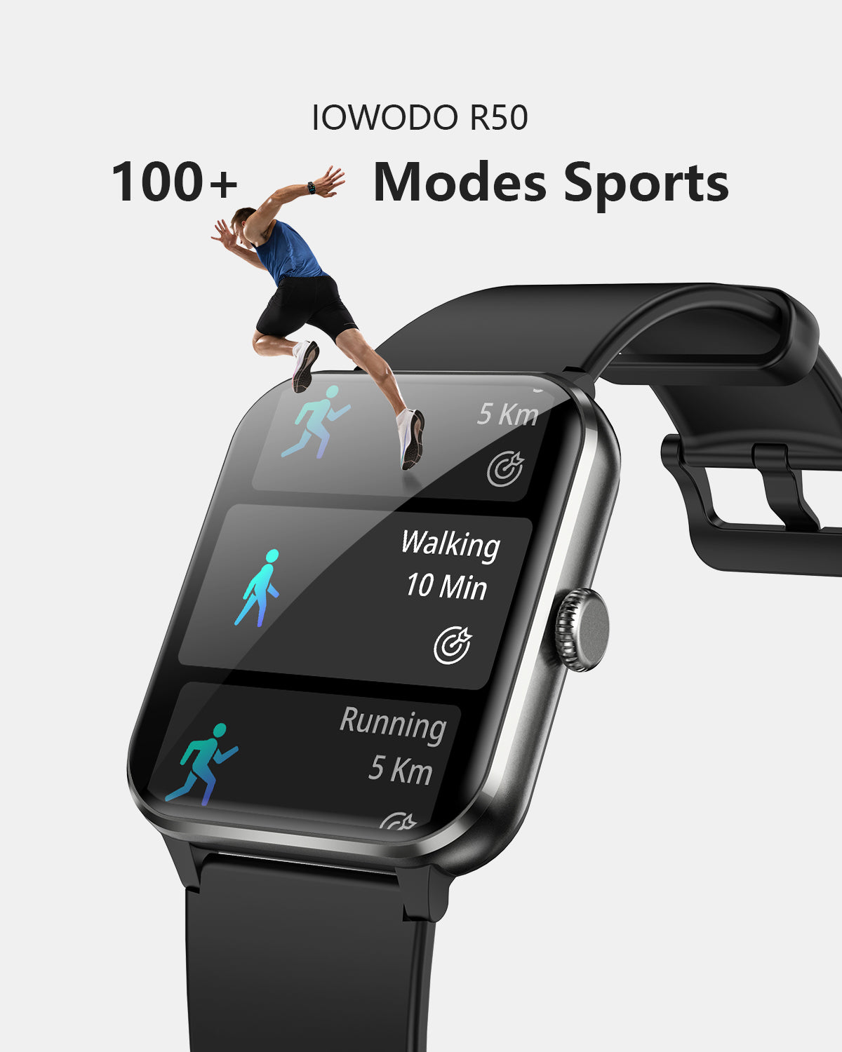 IOWODO R50Pro Smartwatch: 1,85 Zoll HD-Touchscreen, Bluetooth-Anrufe, über 100 Sportmodi, Herzfrequenz-/SpO2-/Schlafüberwachung, IP68 wasserdicht, 5-Tage-Akku, Schwarz