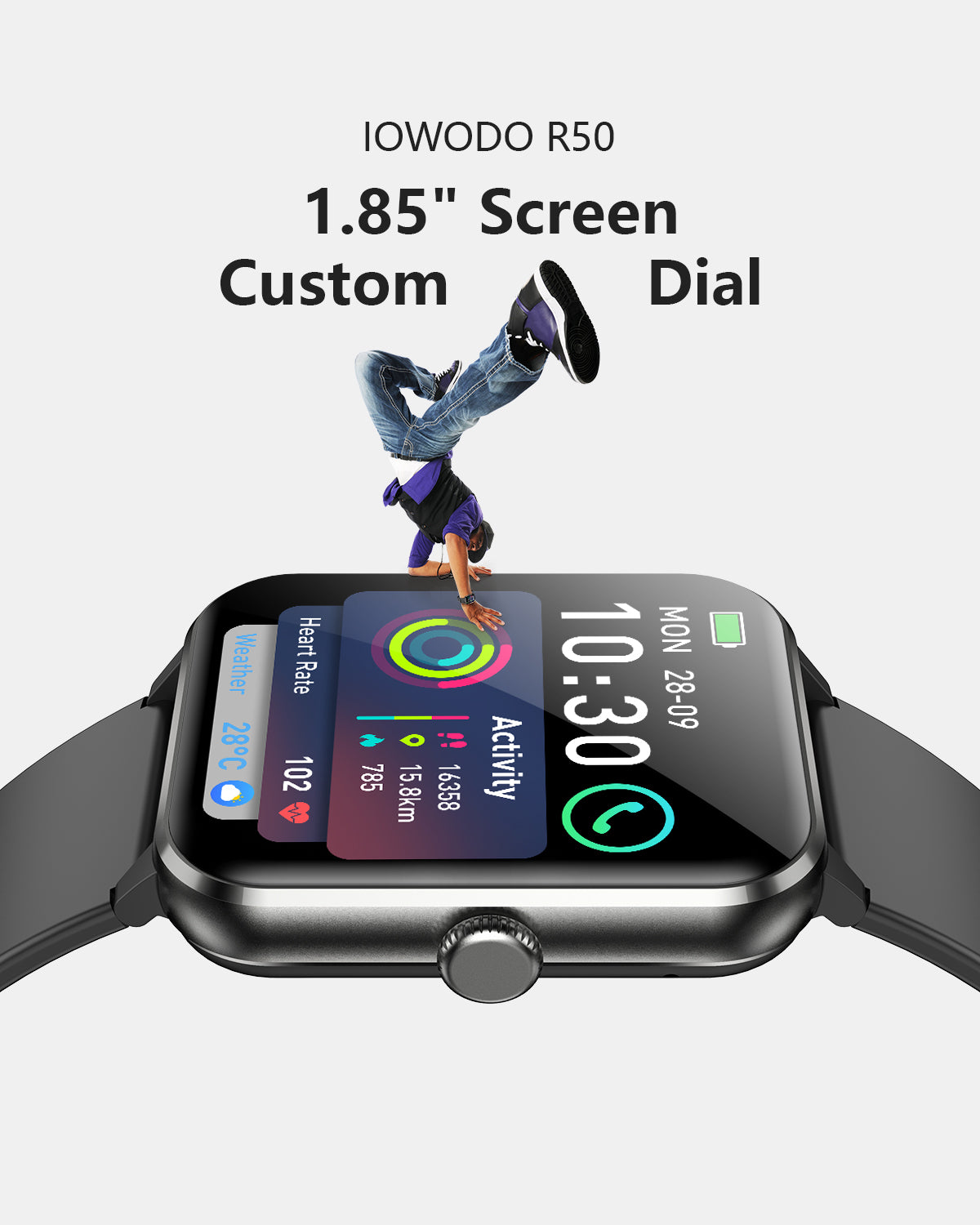 IOWODO R50Pro Smartwatch: 1,85 Zoll HD-Touchscreen, Bluetooth-Anrufe, über 100 Sportmodi, Herzfrequenz-/SpO2-/Schlafüberwachung, IP68 wasserdicht, 5-Tage-Akku, Schwarz