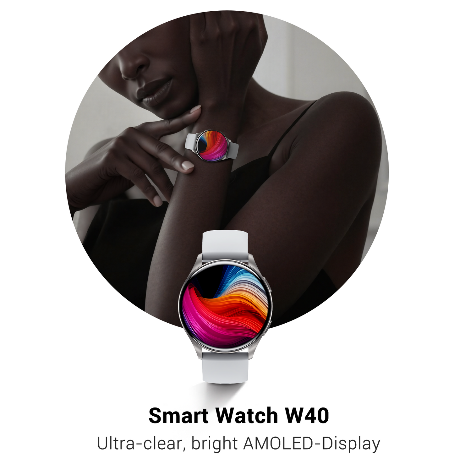 IOWODO W40 Smartwatch mit AMOLED-Bildschirm, Bluetooth-Anruf, 7-Tage-Akku, über 110 Sportmodi, Herzfrequenz-/SpO2-Monitor, IP68 wasserdicht (rundes Zifferblatt), Silber