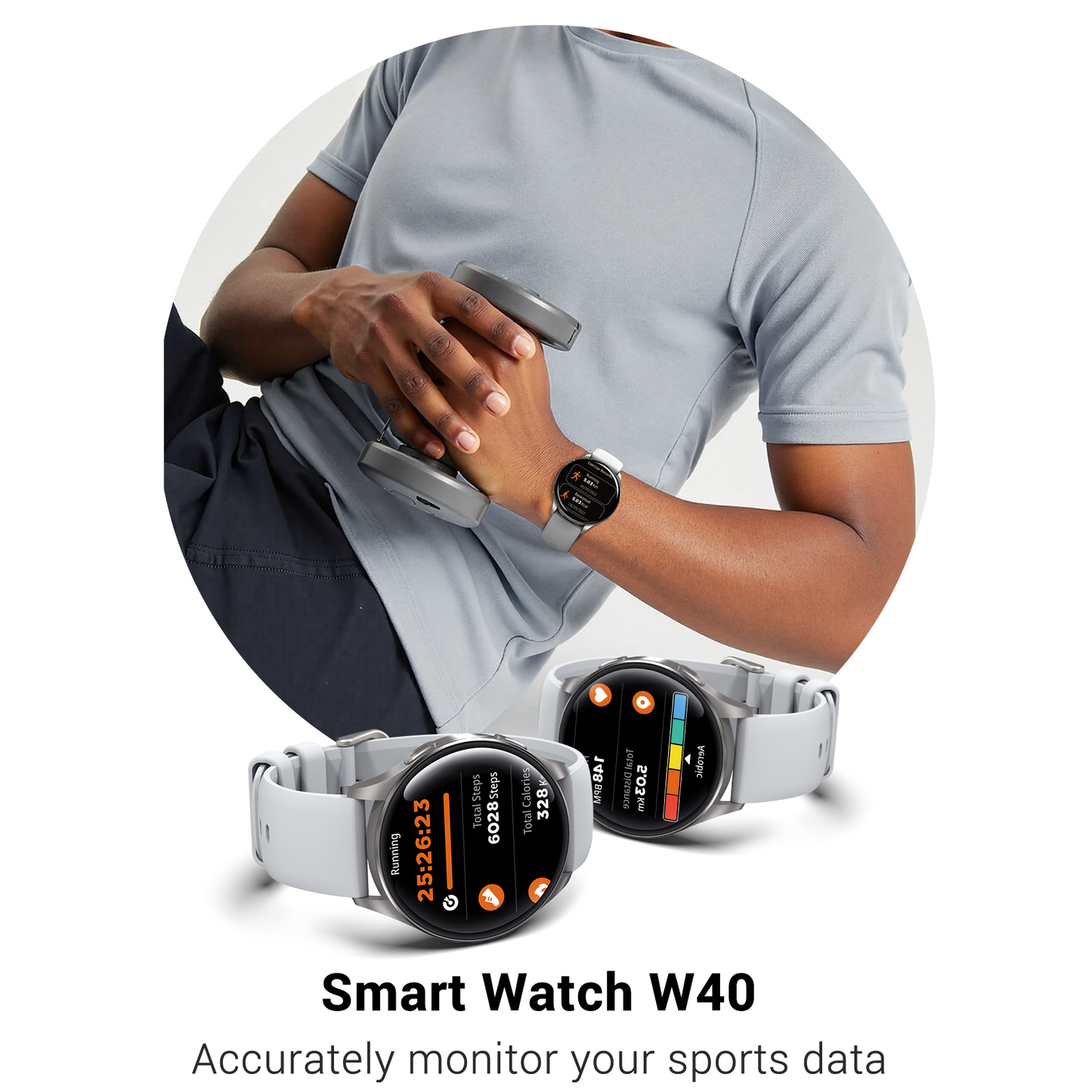 IOWODO W40 Smartwatch mit AMOLED-Bildschirm, Bluetooth-Anruf, 7-Tage-Akku, über 110 Sportmodi, Herzfrequenz-/SpO2-Monitor, IP68 wasserdicht (rundes Zifferblatt), Silber