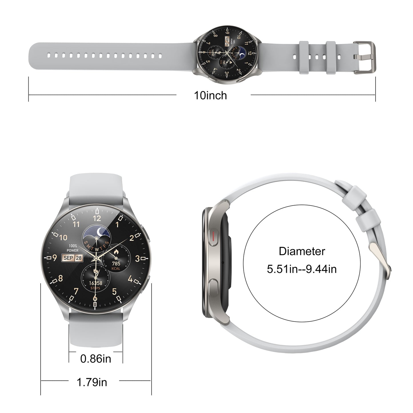 IOWODO W40 Smartwatch mit AMOLED-Bildschirm, Bluetooth-Anruf, 7-Tage-Akku, über 110 Sportmodi, Herzfrequenz-/SpO2-Monitor, IP68 wasserdicht (rundes Zifferblatt), Silber
