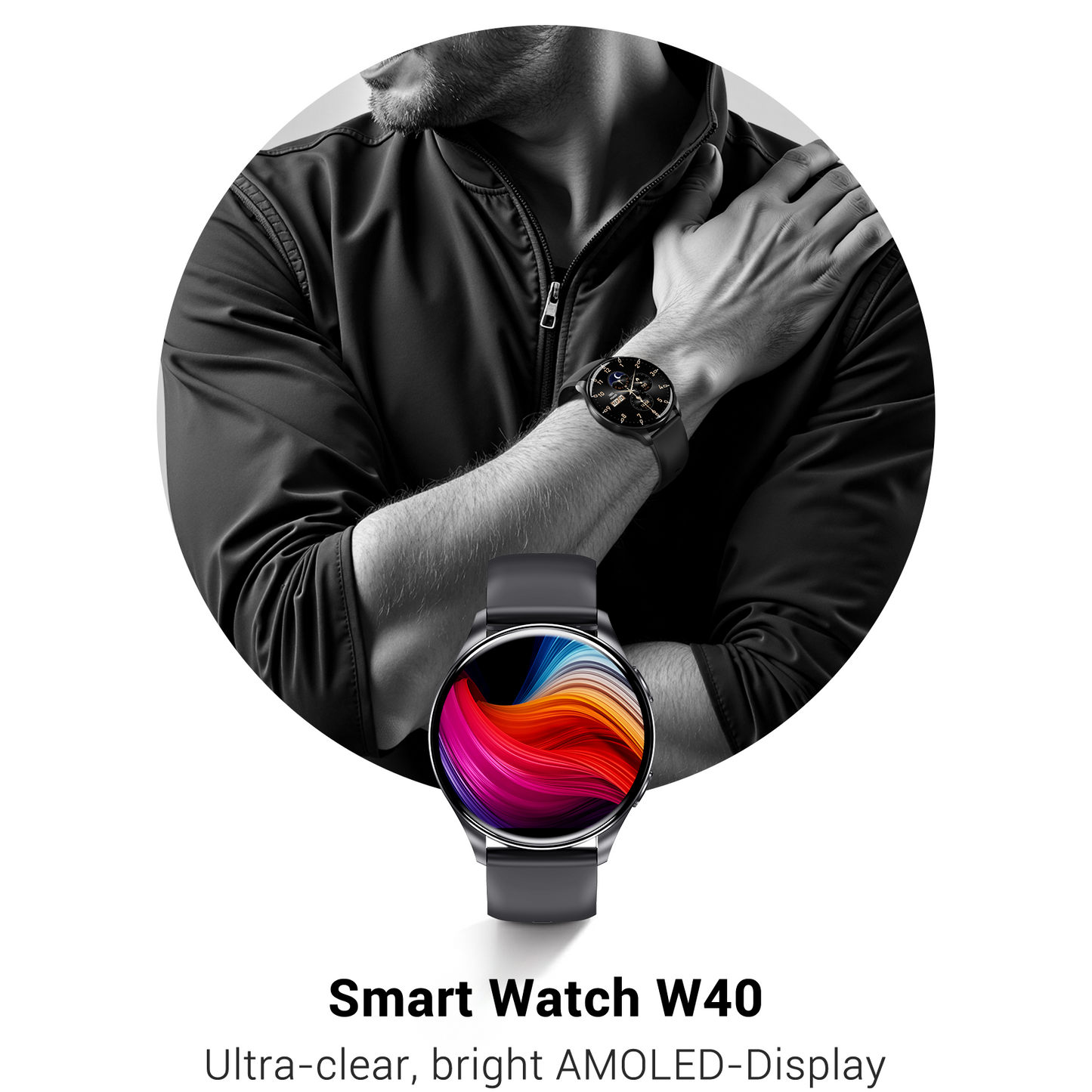 IOWODO W40 Smartwatch mit AMOLED-Bildschirm, Bluetooth-Anruf, 7-Tage-Akku, über 110 Sportmodi, Herzfrequenz-/SpO2-Monitor, IP68 wasserdicht (rundes Zifferblatt), Schwarz