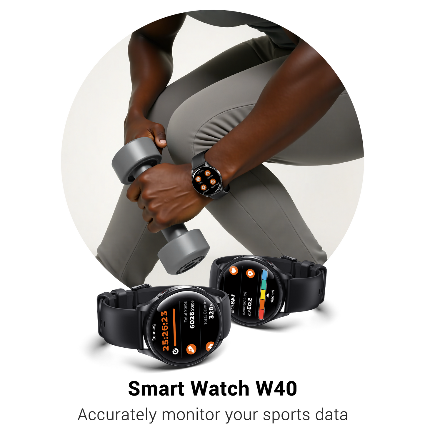 IOWODO W40 Smartwatch mit AMOLED-Bildschirm, Bluetooth-Anruf, 7-Tage-Akku, über 110 Sportmodi, Herzfrequenz-/SpO2-Monitor, IP68 wasserdicht (rundes Zifferblatt), Schwarz