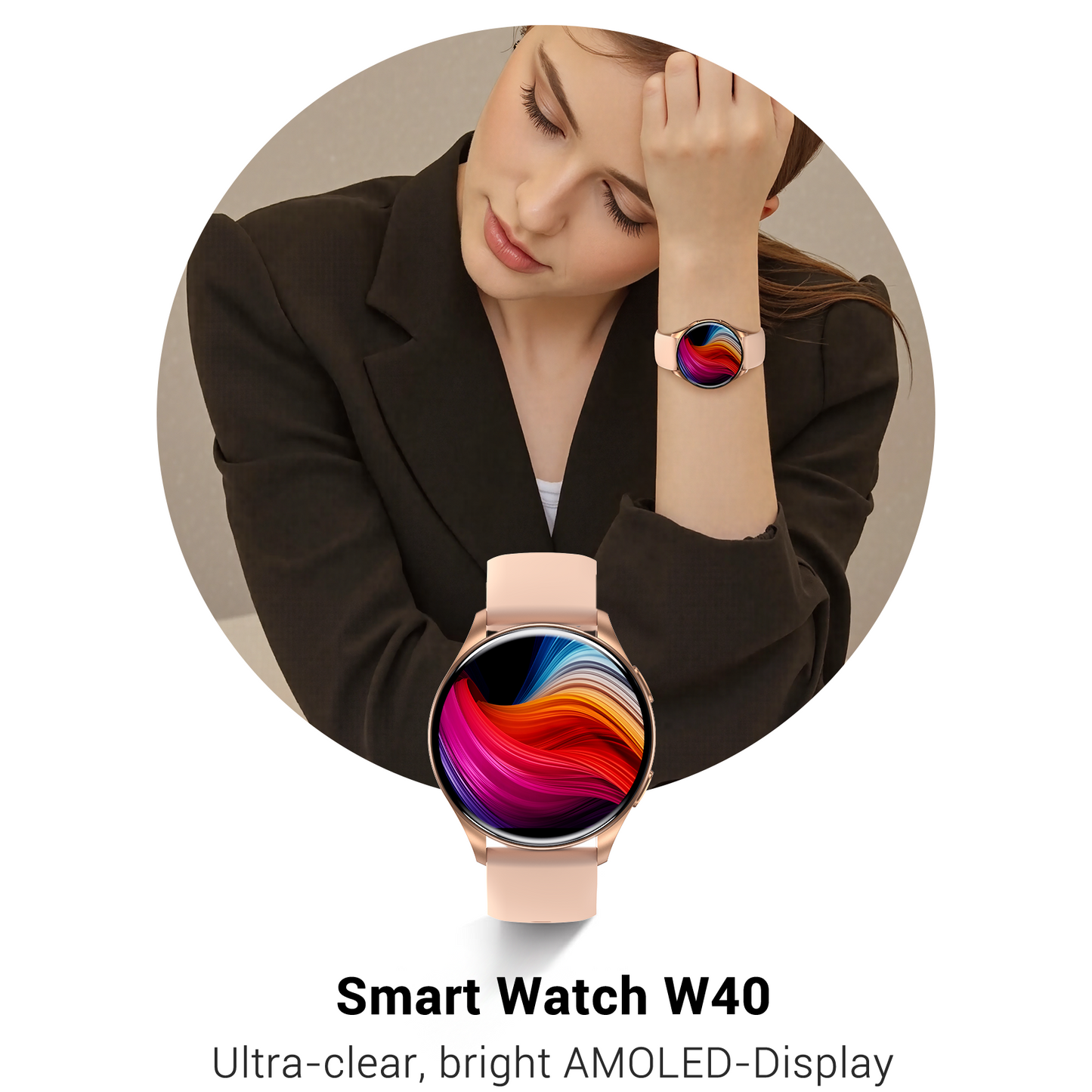 IOWODO W40 Smart Watch with AMOLED Screen, Bluetooth Call, 7-Day Battery, 110+ Sports Modes, Heart Rate/SpO2 Monitor, IP68 Waterproof (Round Dial), Gold