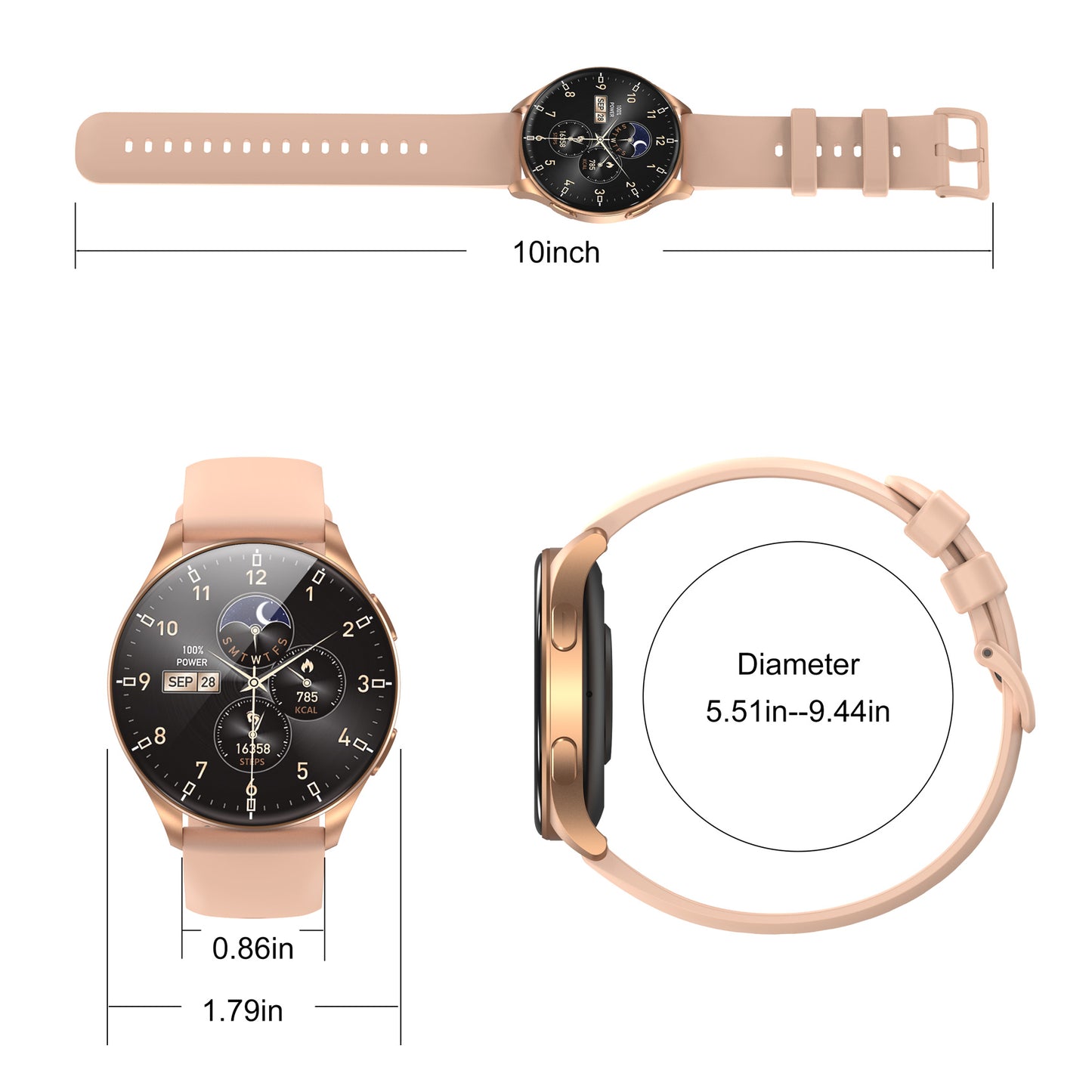 IOWODO W40 Smart Watch with AMOLED Screen, Bluetooth Call, 7-Day Battery, 110+ Sports Modes, Heart Rate/SpO2 Monitor, IP68 Waterproof (Round Dial), Gold