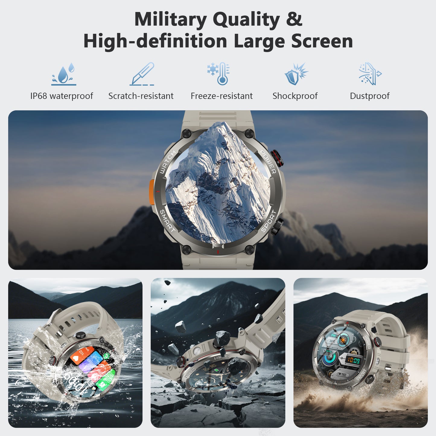 IOWODO W50PRO Militär-Smartwatch: 30-Tage-Akku, 1,45-Zoll-Bildschirm, Bluetooth-Anruf, Taschenlampe, Kompass, 120 Sportmodi, IP68 wasserdicht, Khaki
