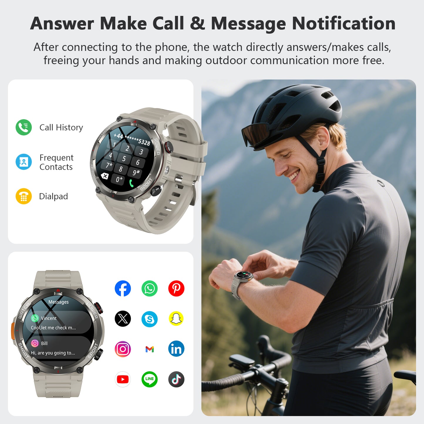 IOWODO W50PRO Militär-Smartwatch: 30-Tage-Akku, 1,45-Zoll-Bildschirm, Bluetooth-Anruf, Taschenlampe, Kompass, 120 Sportmodi, IP68 wasserdicht, Khaki