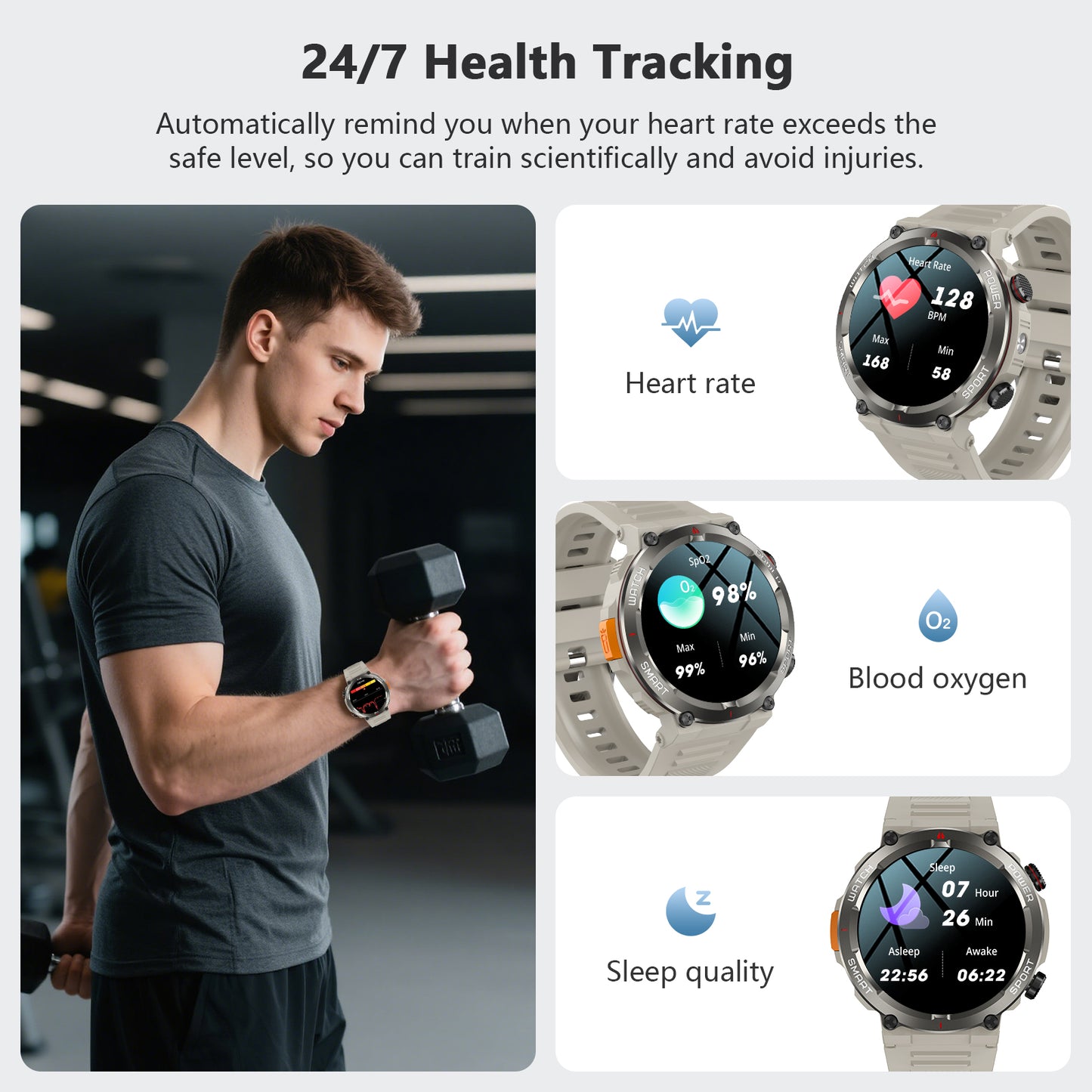 IOWODO W50PRO Militär-Smartwatch: 30-Tage-Akku, 1,45-Zoll-Bildschirm, Bluetooth-Anruf, Taschenlampe, Kompass, 120 Sportmodi, IP68 wasserdicht, Khaki