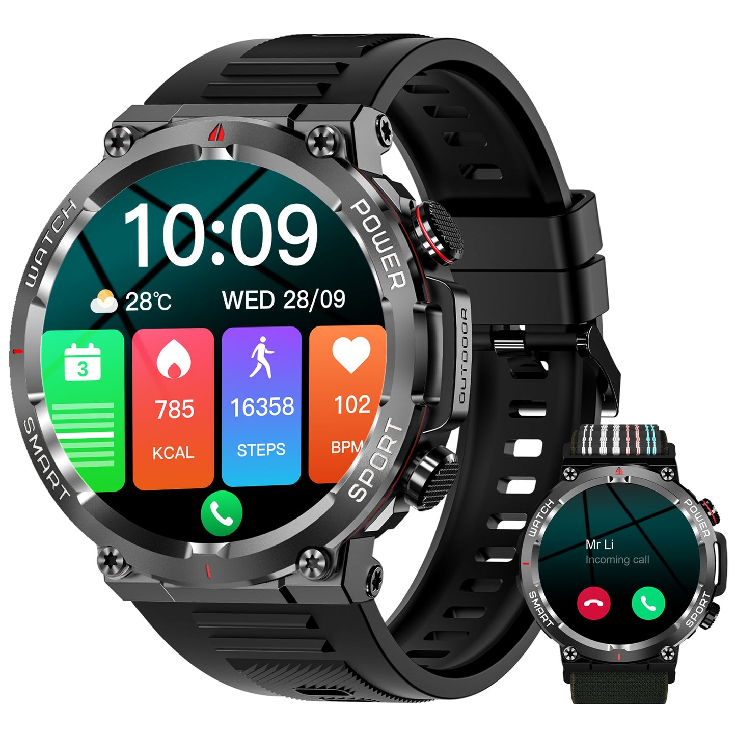 IOWODO W50 Military Smartwatch: Bluetooth Calls, 1.39" HD Screen, 100+ Sports Modes, Heart Rate/SpO2/Sleep Monitor, 7-Day Battery, IP68 (2 Straps),Black