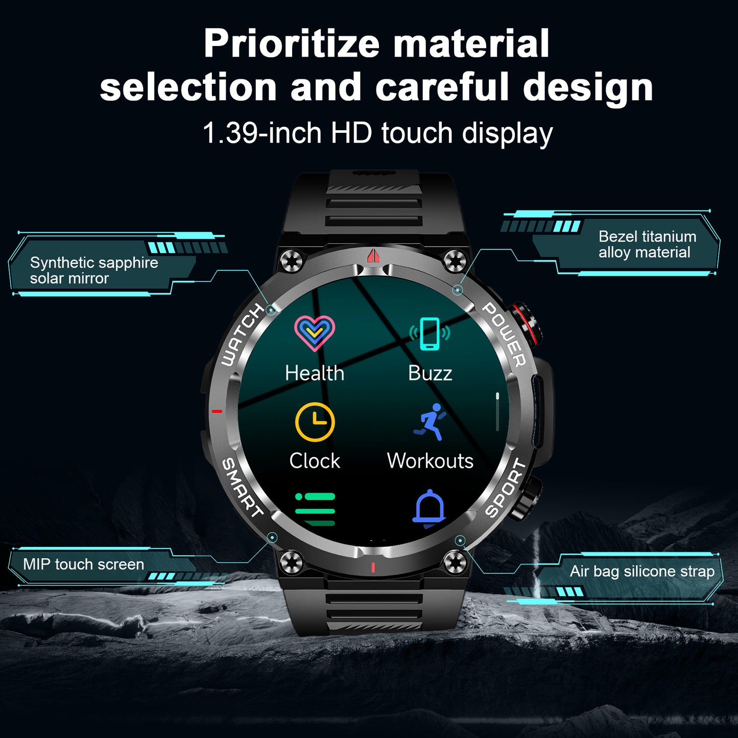 IOWODO W50 Military Smartwatch: Bluetooth Calls, 1.39" HD Screen, 100+ Sports Modes, Heart Rate/SpO2/Sleep Monitor, 7-Day Battery, IP68 (2 Straps),Black