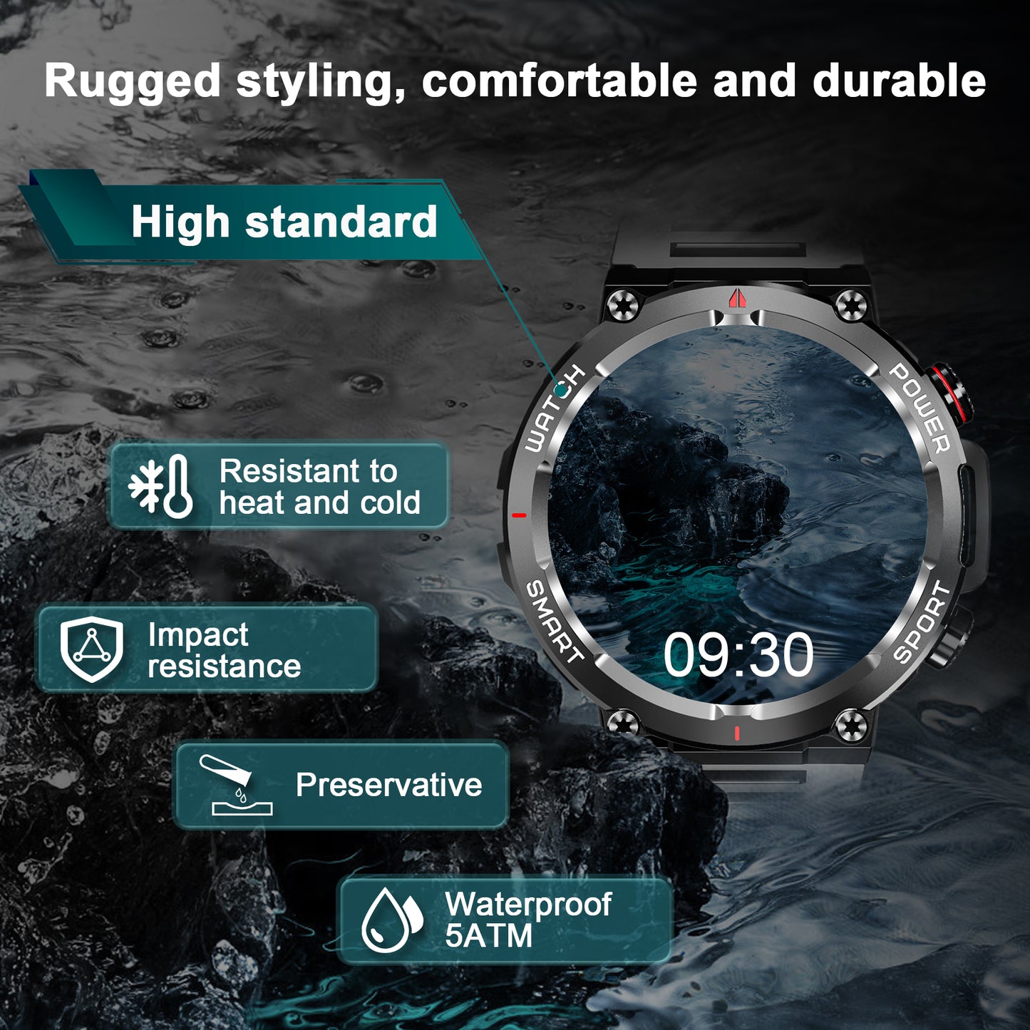 IOWODO W50 Military Smartwatch: Bluetooth Calls, 1.39" HD Screen, 100+ Sports Modes, Heart Rate/SpO2/Sleep Monitor, 7-Day Battery, IP68 (2 Straps),Black