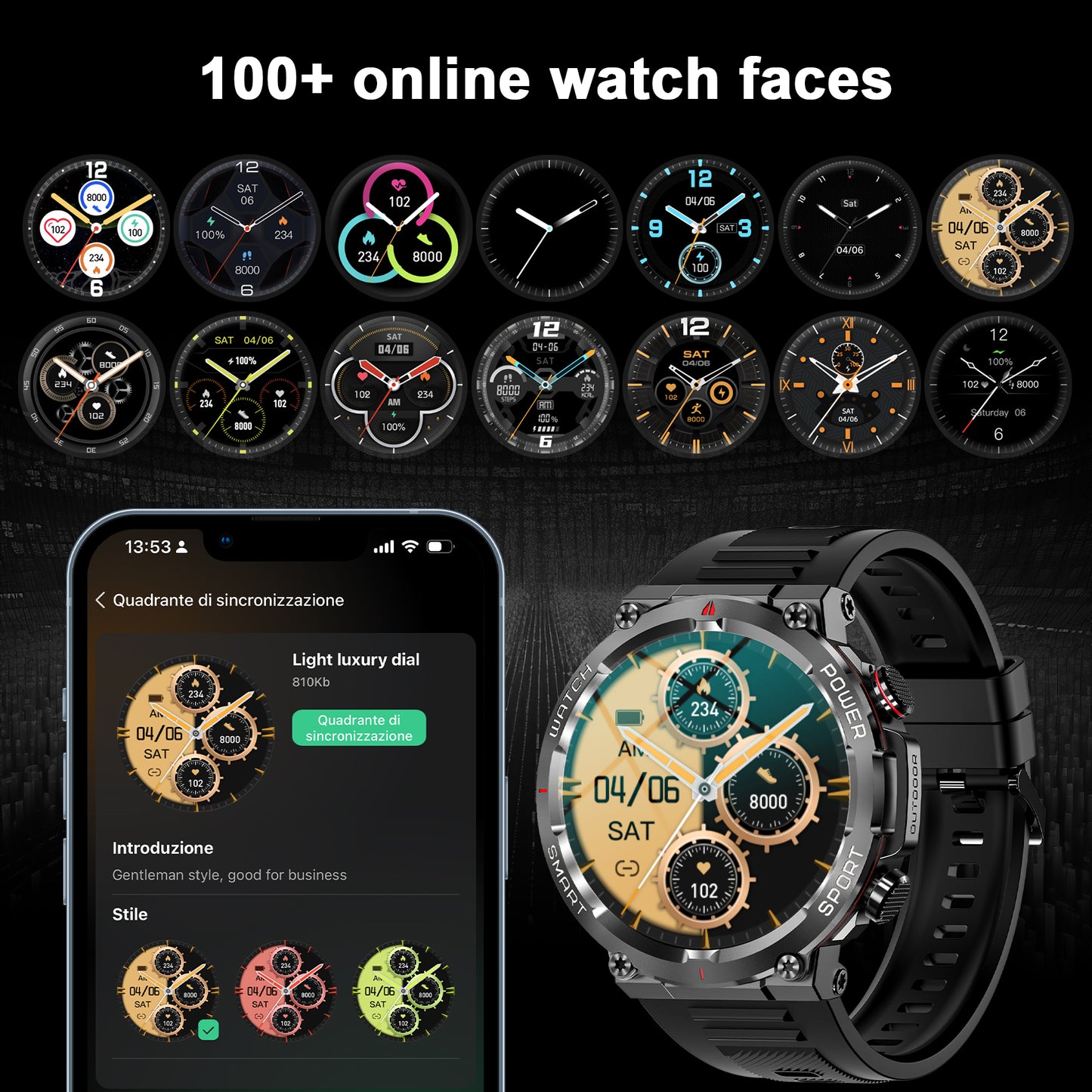 IOWODO W50 Military Smartwatch: Bluetooth Calls, 1.39" HD Screen, 100+ Sports Modes, Heart Rate/SpO2/Sleep Monitor, 7-Day Battery, IP68 (2 Straps),Black