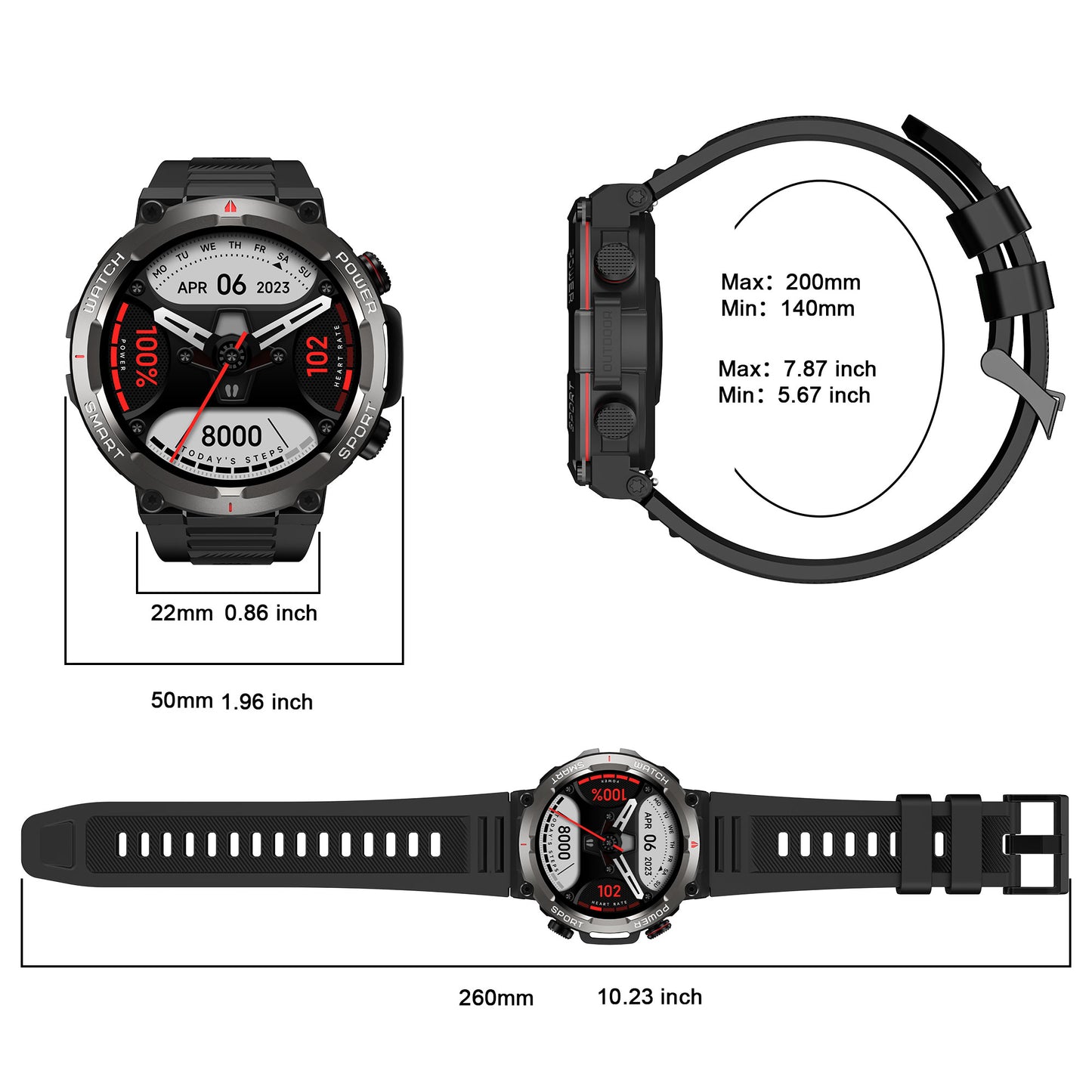 IOWODO W50 Military Smartwatch: Bluetooth Calls, 1.39" HD Screen, 100+ Sports Modes, Heart Rate/SpO2/Sleep Monitor, 7-Day Battery, IP68 (2 Straps),Black