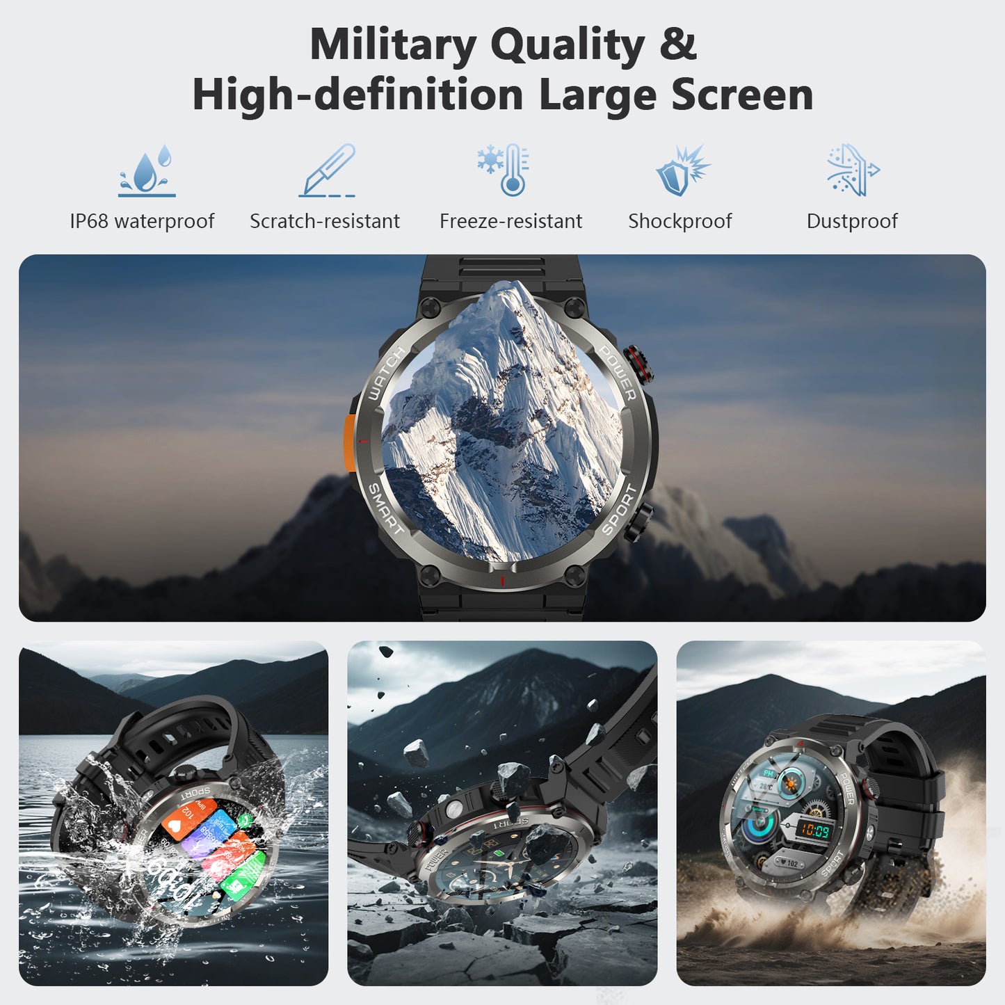 IOWODO W50PRO Militär-Smartwatch: 30-Tage-Akku, 1,45-Zoll-Bildschirm, Bluetooth-Anruf, Taschenlampe, Kompass, 120 Sportmodi, IP68 wasserdicht, Schwarz