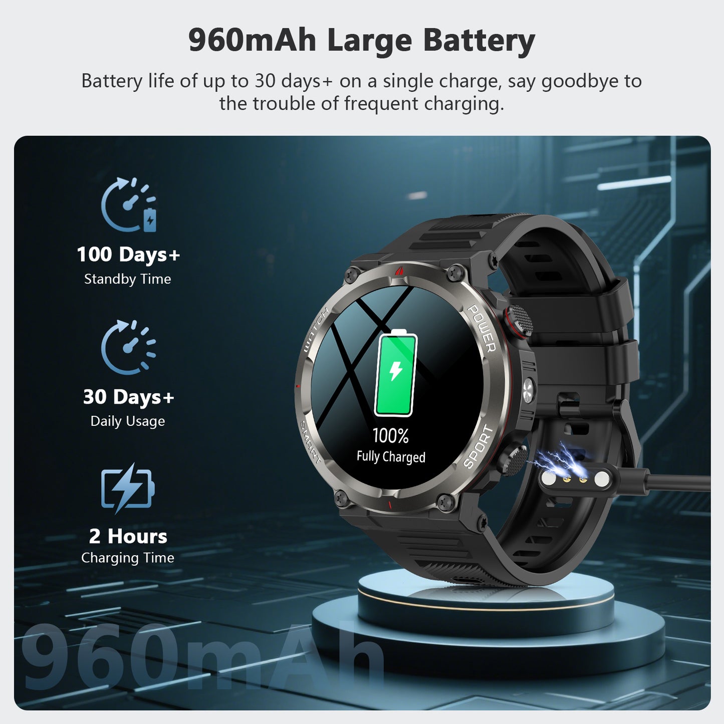 IOWODO W50PRO Militär-Smartwatch: 30-Tage-Akku, 1,45-Zoll-Bildschirm, Bluetooth-Anruf, Taschenlampe, Kompass, 120 Sportmodi, IP68 wasserdicht, Schwarz