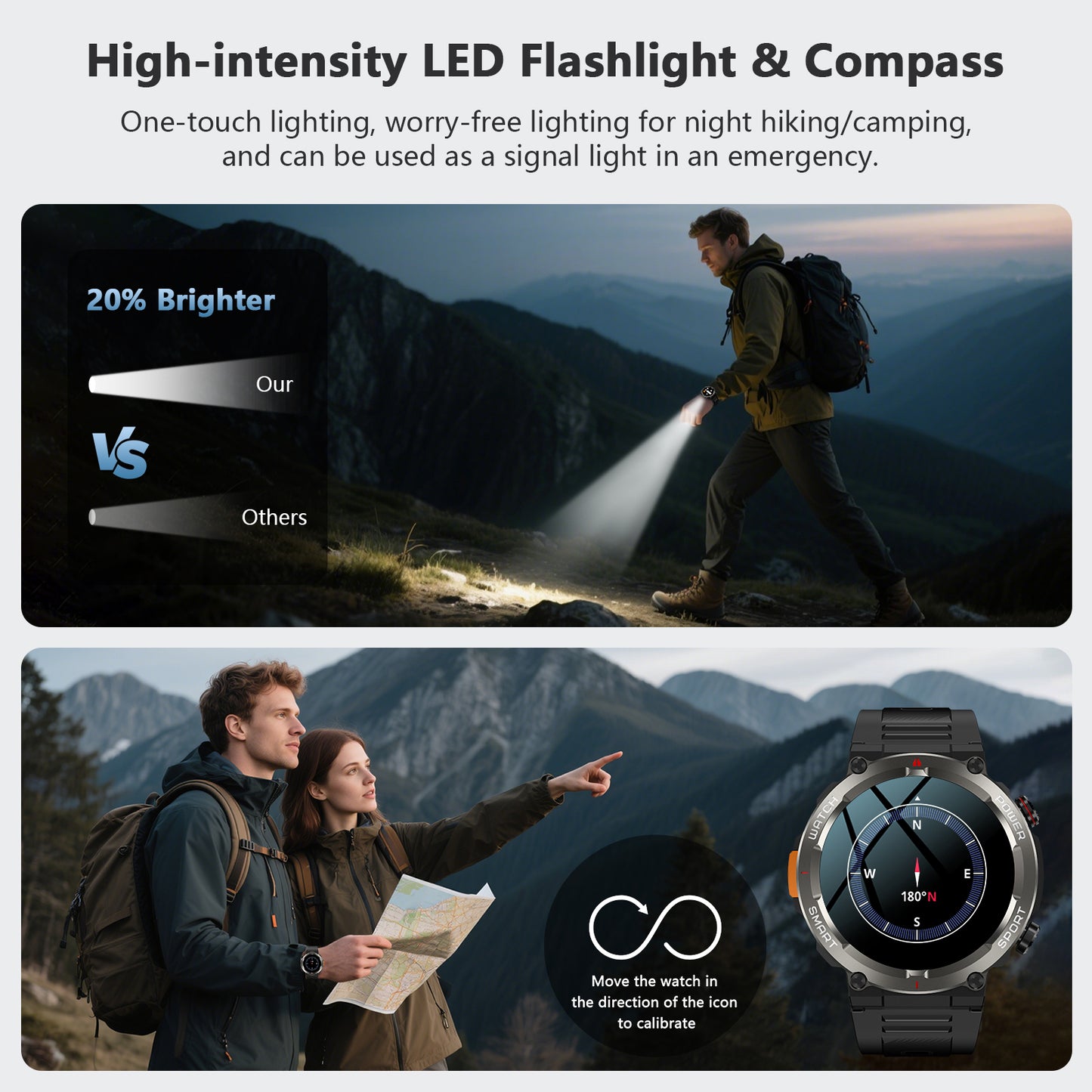 IOWODO W50PRO Militär-Smartwatch: 30-Tage-Akku, 1,45-Zoll-Bildschirm, Bluetooth-Anruf, Taschenlampe, Kompass, 120 Sportmodi, IP68 wasserdicht, Schwarz