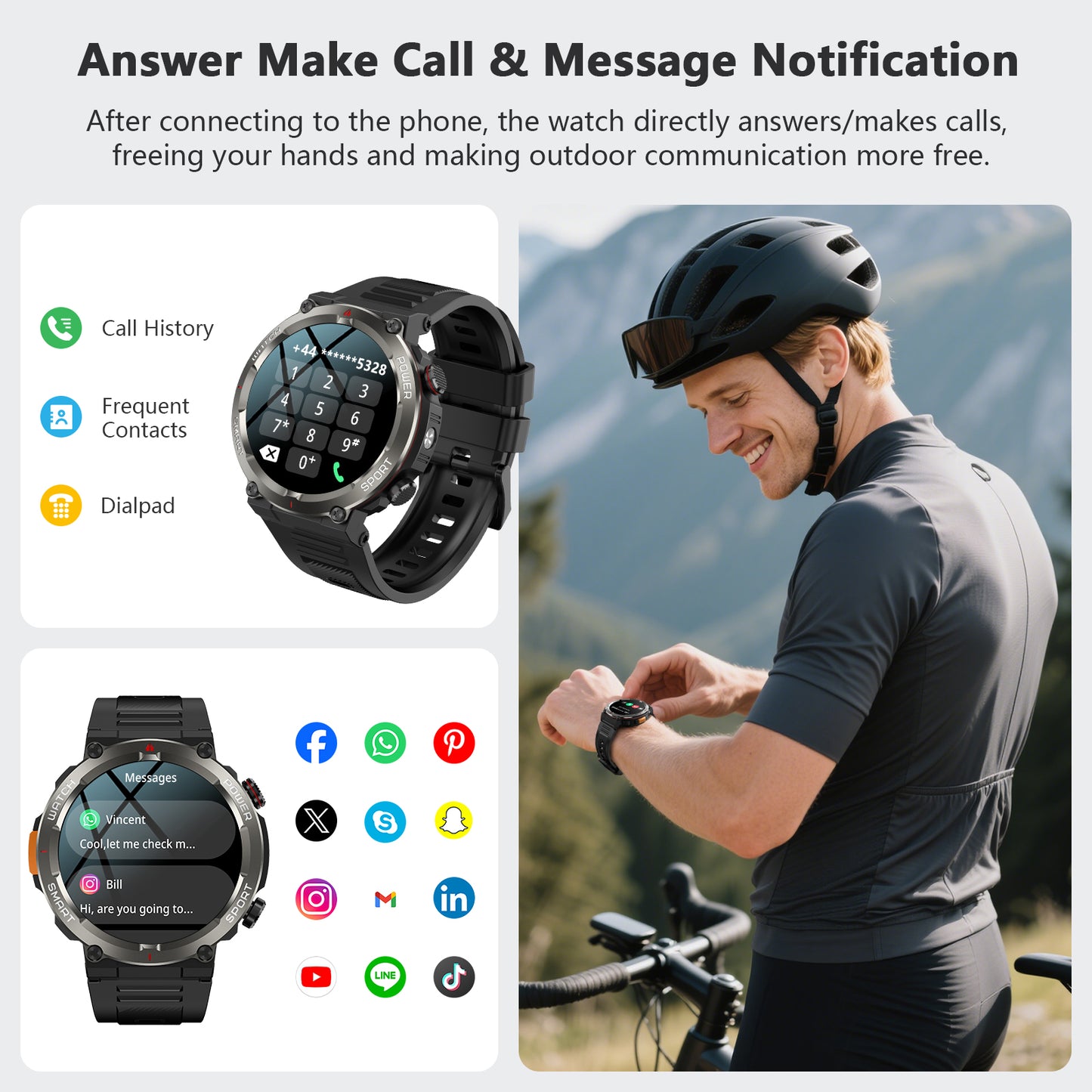 IOWODO W50PRO Militär-Smartwatch: 30-Tage-Akku, 1,45-Zoll-Bildschirm, Bluetooth-Anruf, Taschenlampe, Kompass, 120 Sportmodi, IP68 wasserdicht, Schwarz