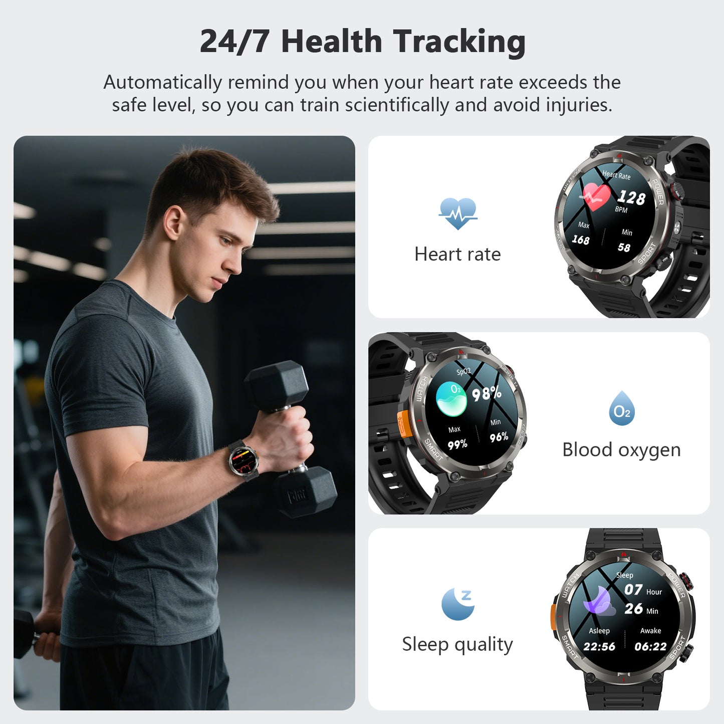 IOWODO W50PRO Militär-Smartwatch: 30-Tage-Akku, 1,45-Zoll-Bildschirm, Bluetooth-Anruf, Taschenlampe, Kompass, 120 Sportmodi, IP68 wasserdicht, Schwarz