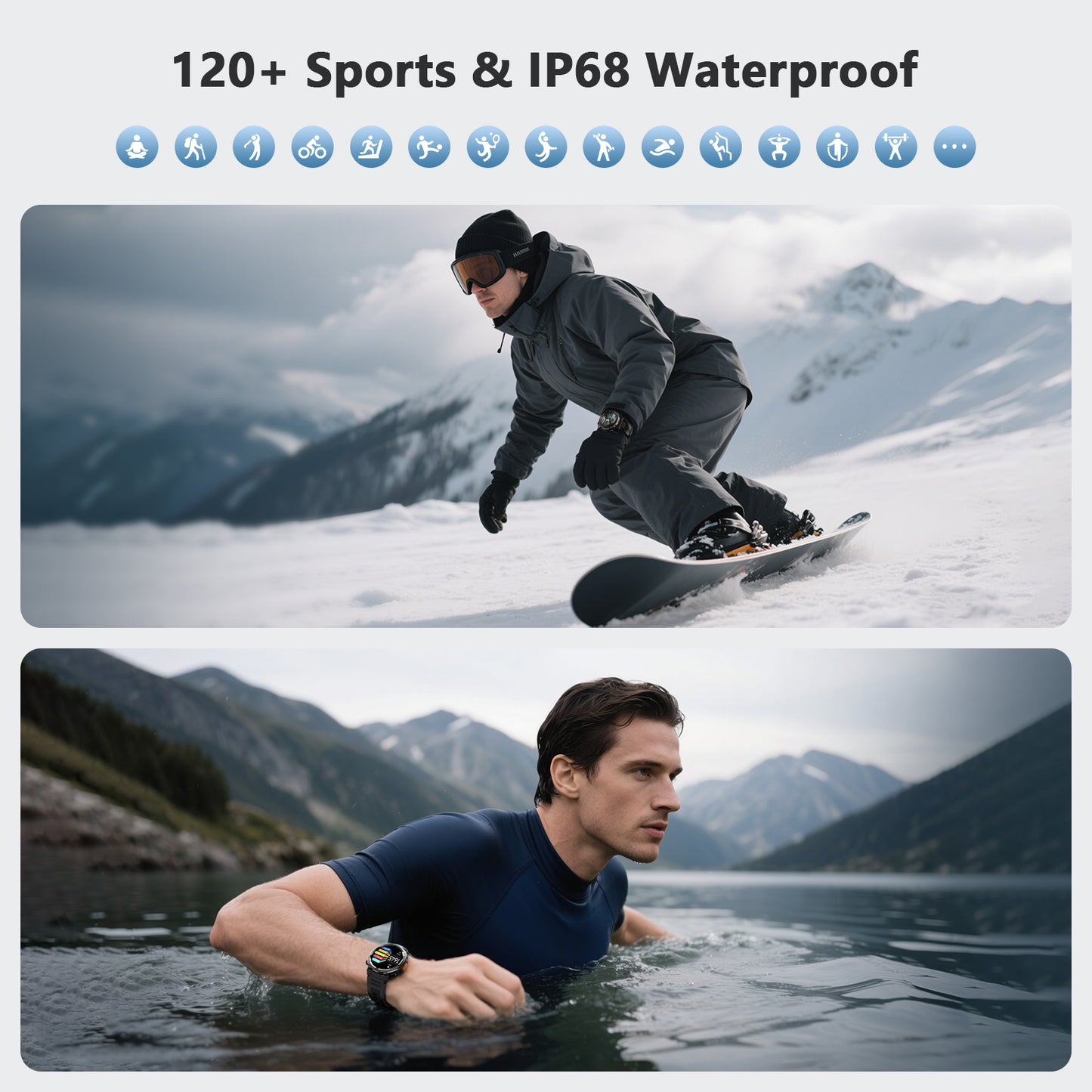 IOWODO W50PRO Militär-Smartwatch: 30-Tage-Akku, 1,45-Zoll-Bildschirm, Bluetooth-Anruf, Taschenlampe, Kompass, 120 Sportmodi, IP68 wasserdicht, Schwarz