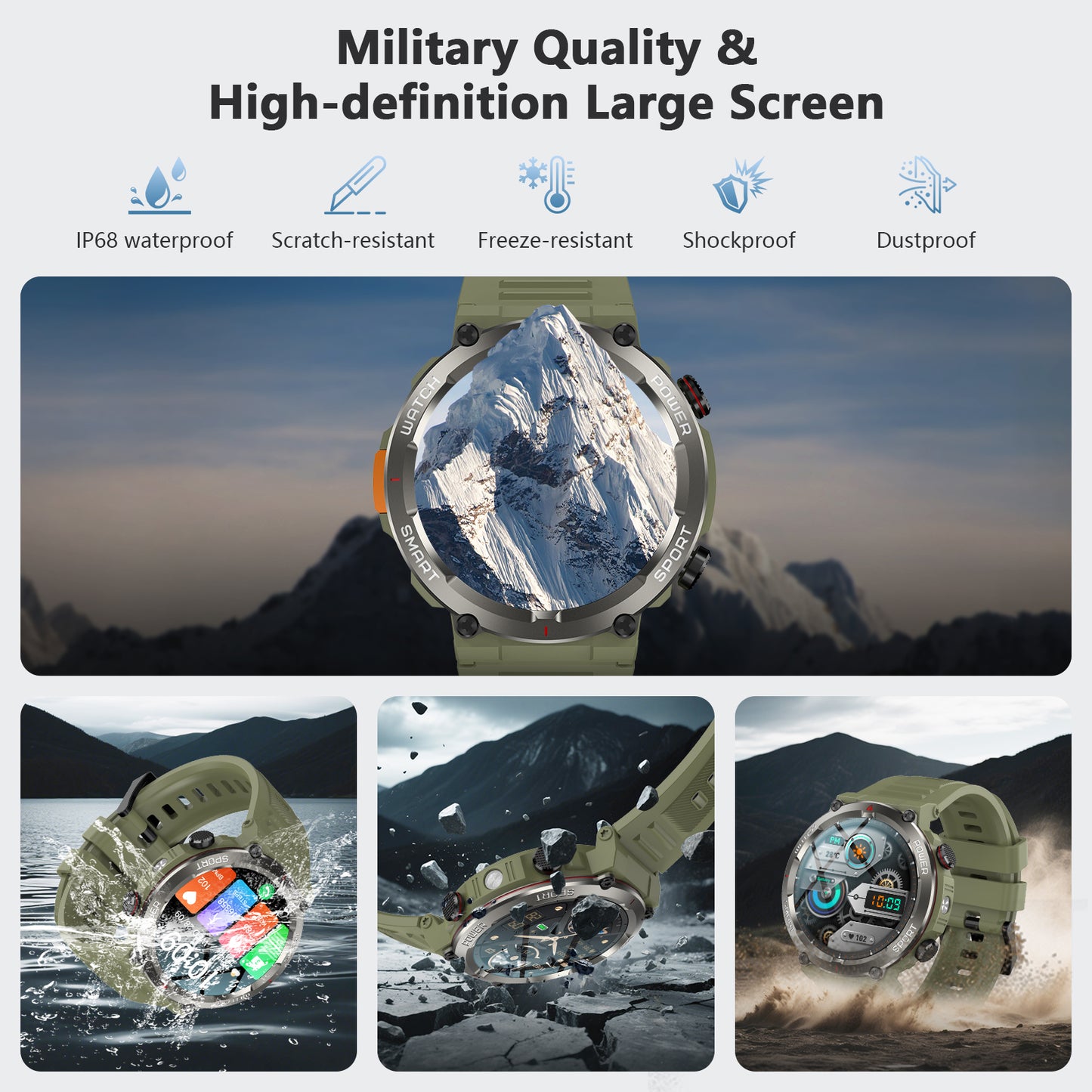 IOWODO W50PRO Militär-Smartwatch: 30-Tage-Akku, 1,45-Zoll-Bildschirm, Bluetooth-Anruf, Taschenlampe, Kompass, 120 Sportmodi, IP68 wasserdicht, Grün