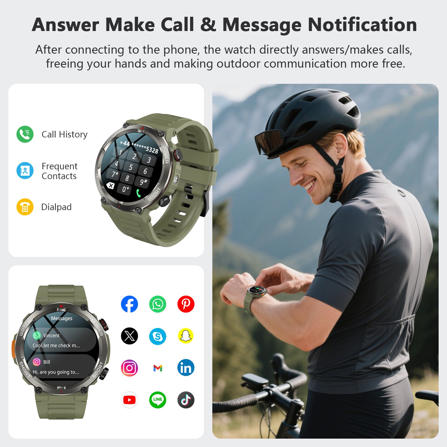 IOWODO W50PRO Militär-Smartwatch: 30-Tage-Akku, 1,45-Zoll-Bildschirm, Bluetooth-Anruf, Taschenlampe, Kompass, 120 Sportmodi, IP68 wasserdicht, Grün