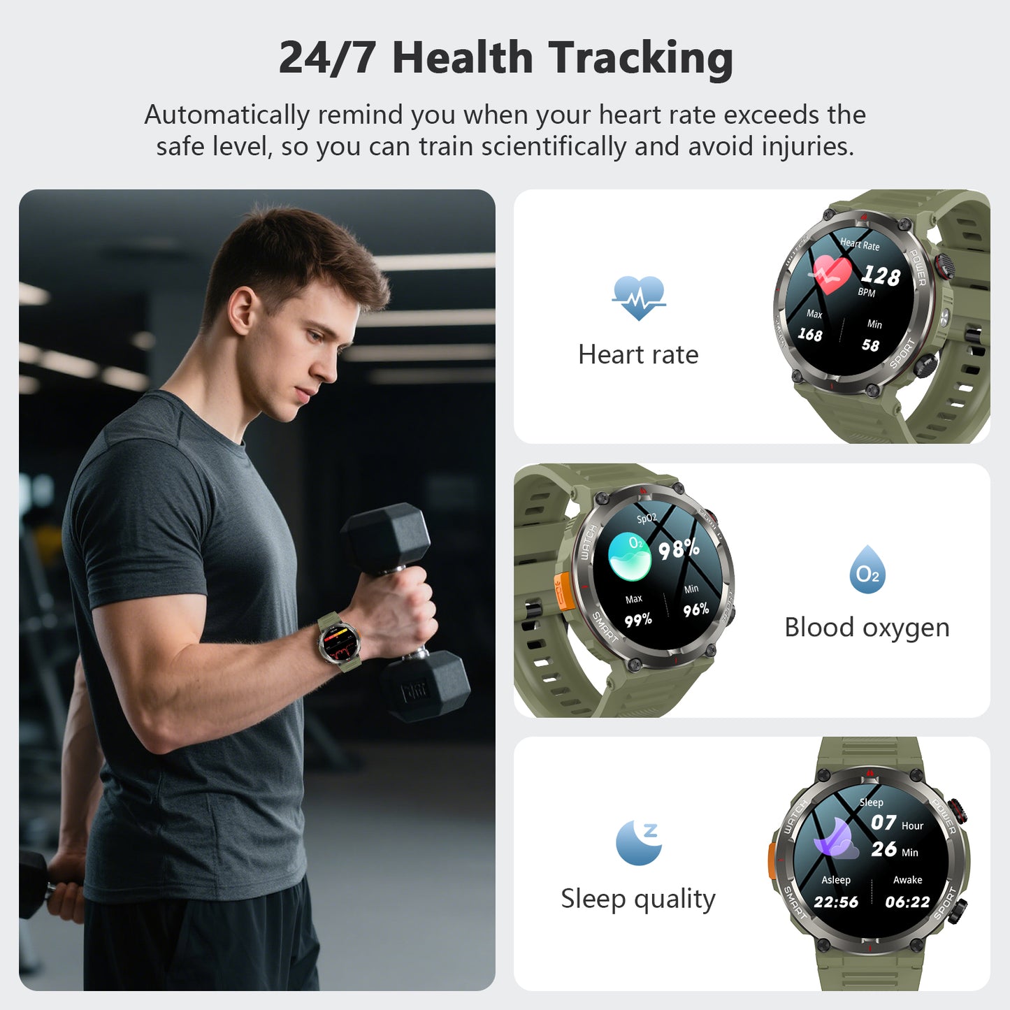 IOWODO W50PRO Militär-Smartwatch: 30-Tage-Akku, 1,45-Zoll-Bildschirm, Bluetooth-Anruf, Taschenlampe, Kompass, 120 Sportmodi, IP68 wasserdicht, Grün